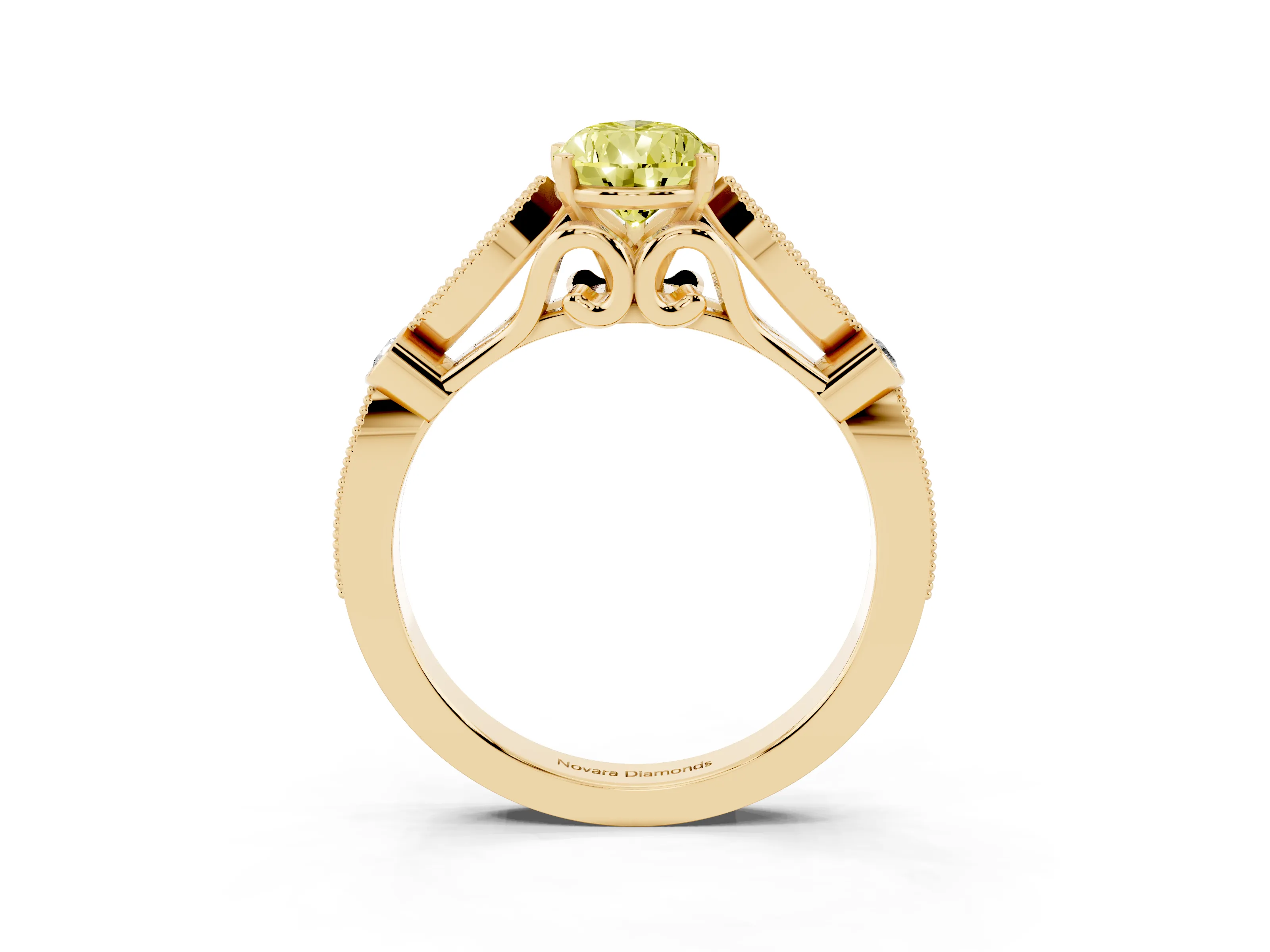 Fancy Yellow Pear Cut Diamond Solitaire Ring Set in Yellow gold with Milgrain Marquise and Bezel Accents