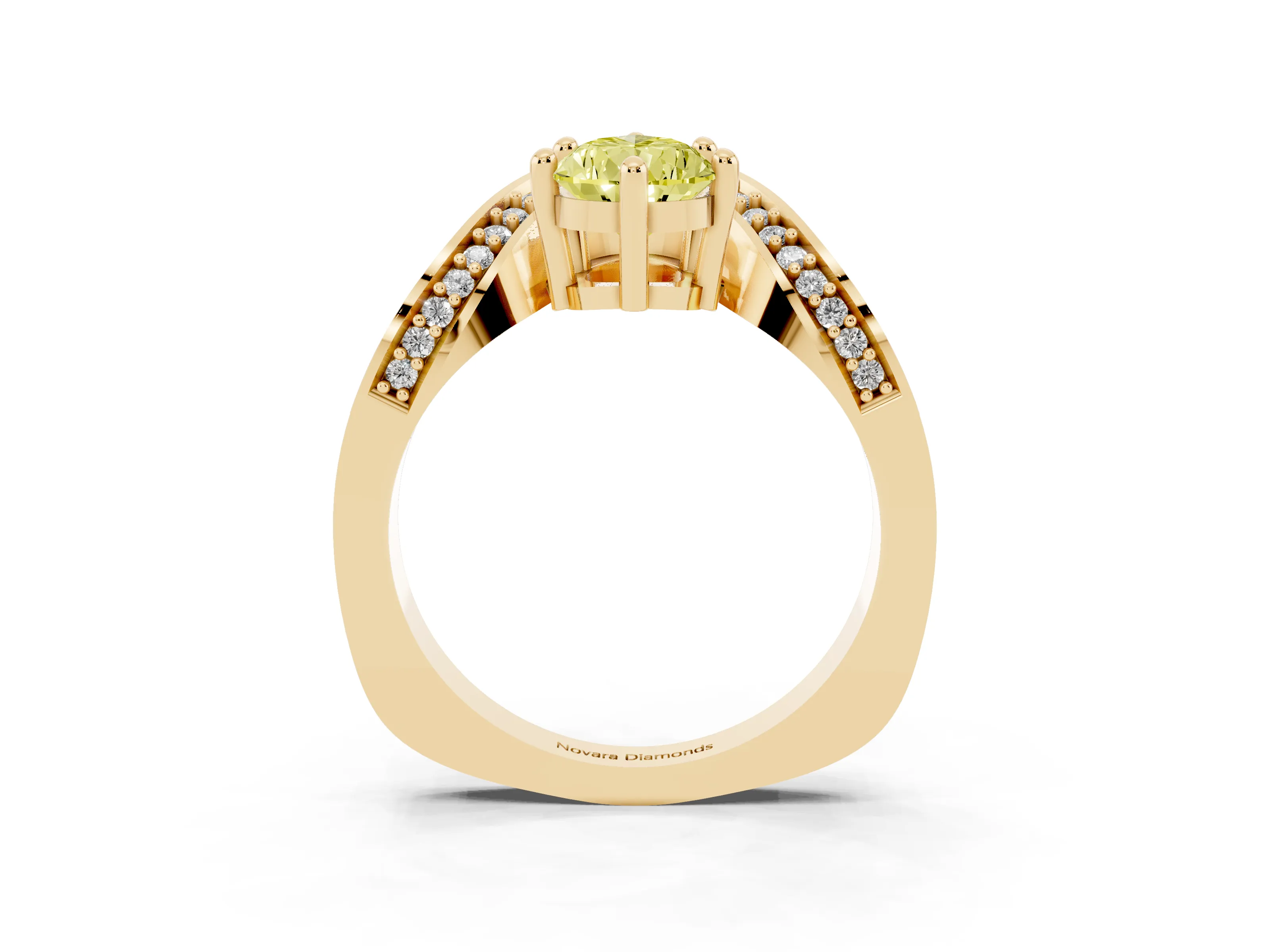 Fancy Yellow Pear Cut Diamond Solitaire Engagement Ring Set in Yellow gold with Pavé Shoulders