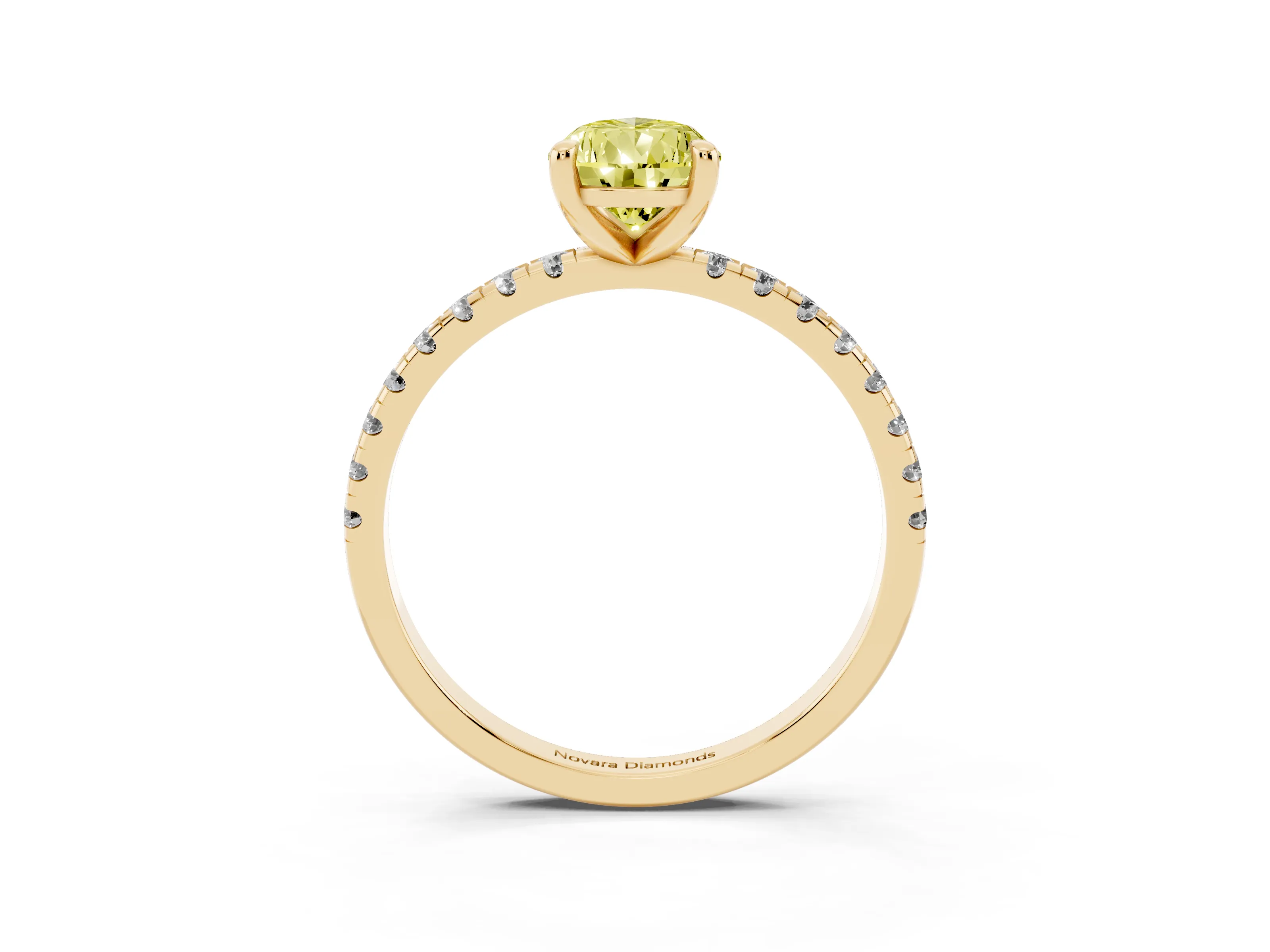 Fancy Yellow Pear Cut Diamond Brilliant Solitaire Ring Set in Yellow gold with Pavé Band and Prong Setting