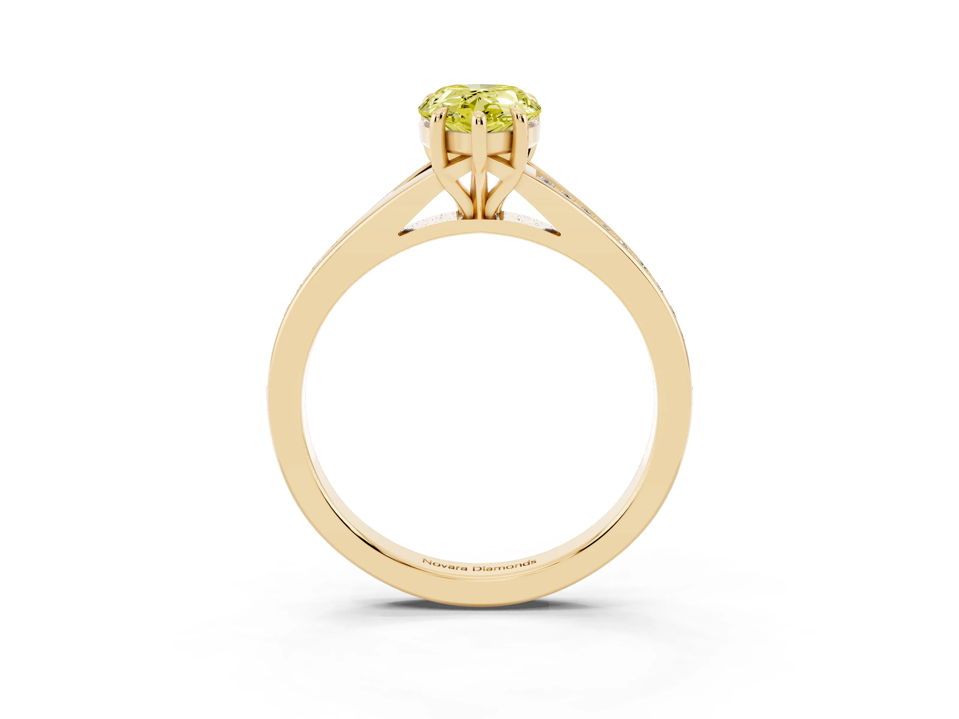 Fancy Yellow Pear Cut Diamond Solitaire Ring Set in Yellow gold with Pavé Accent Band and Classic Prong Setting