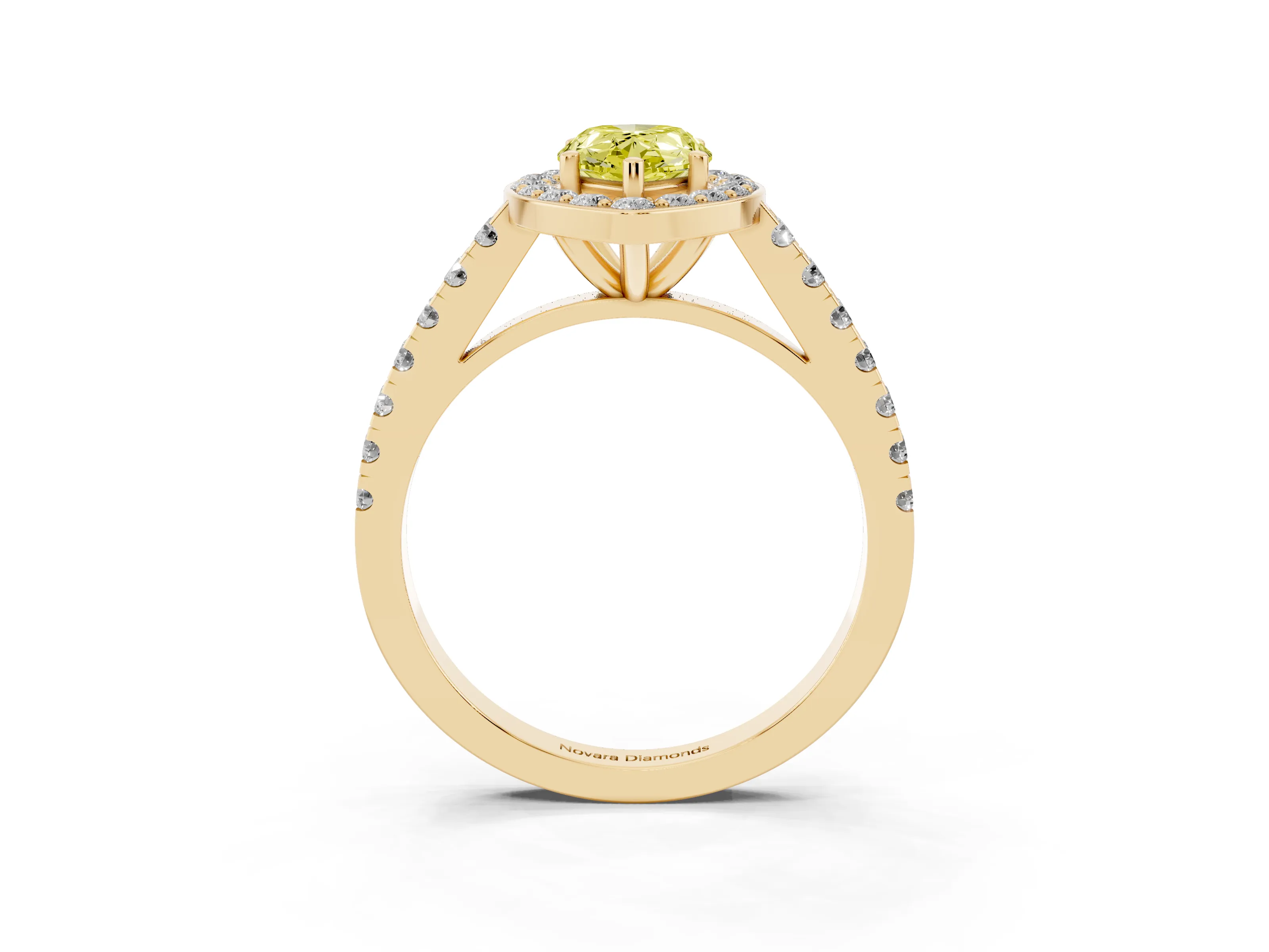 Fancy Yellow Pear Cut Diamond Halo Ring Set in Yellow gold with Round Pavé Split Shank and Prong Setting