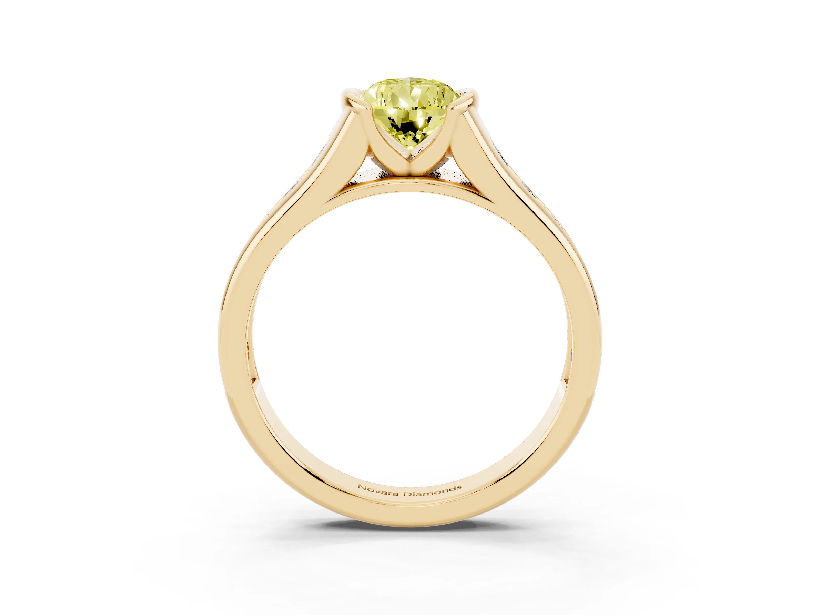 Fancy Yellow Pear Cut Diamond Bezel-Set Solitaire Ring Set in Yellow gold with Channel-Set Band