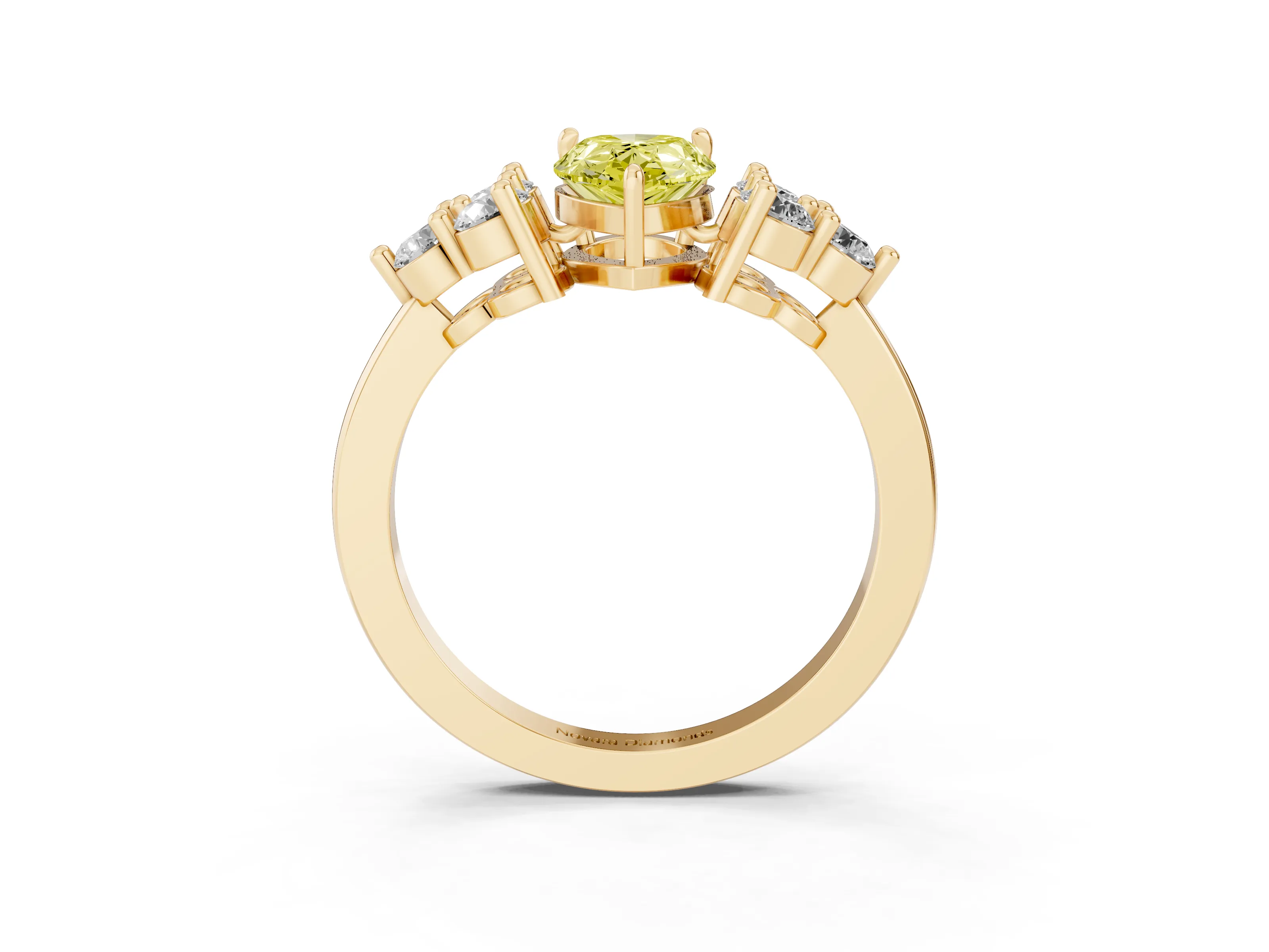 Fancy Yellow Pear Cut Diamond Solitaire Ring Set in Yellow gold with Cluster Accents on Each Side
