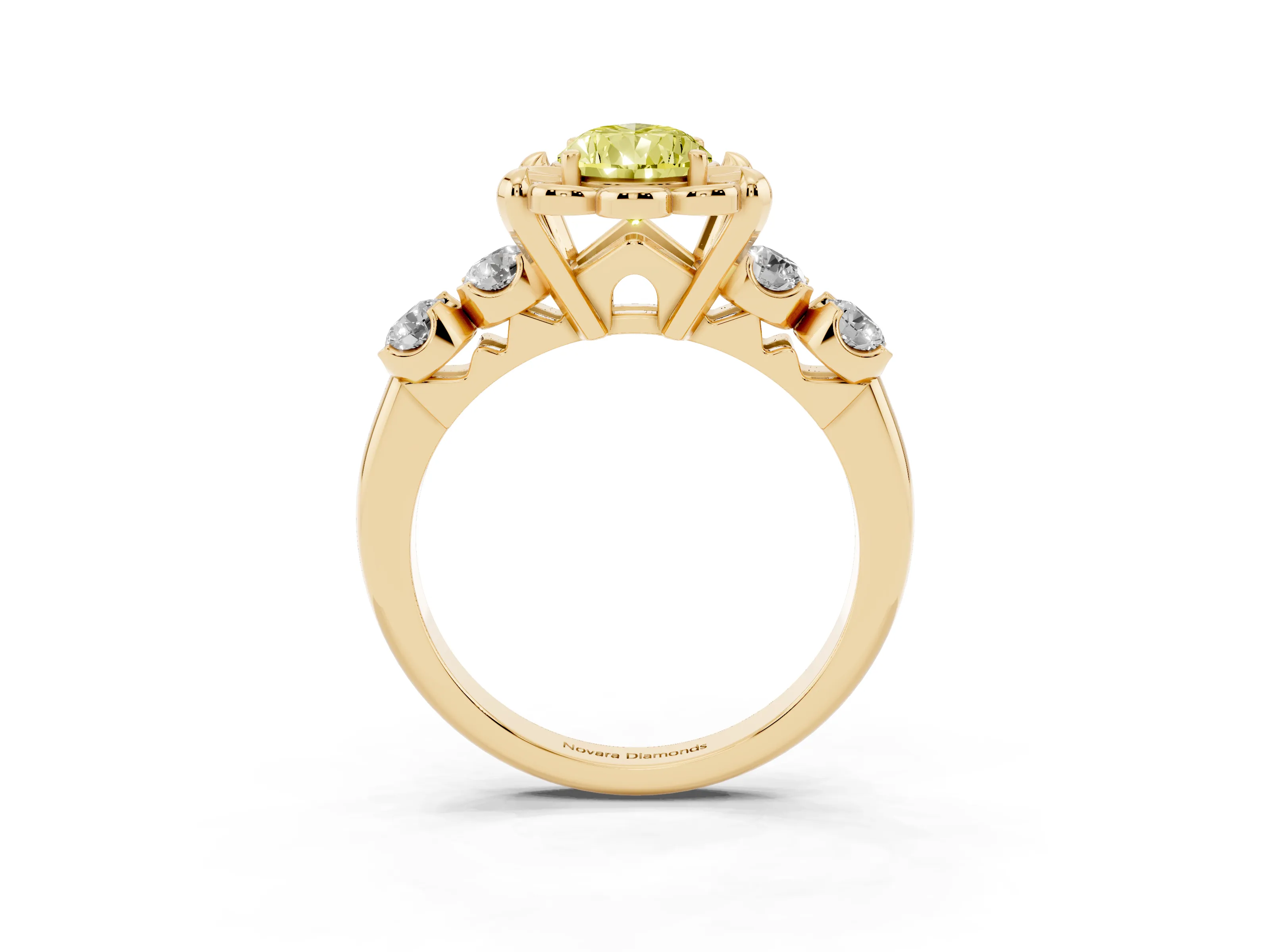 Fancy Yellow Pear Cut Diamond Floral Halo Ring Set in Yellow gold with Shared Prong Band