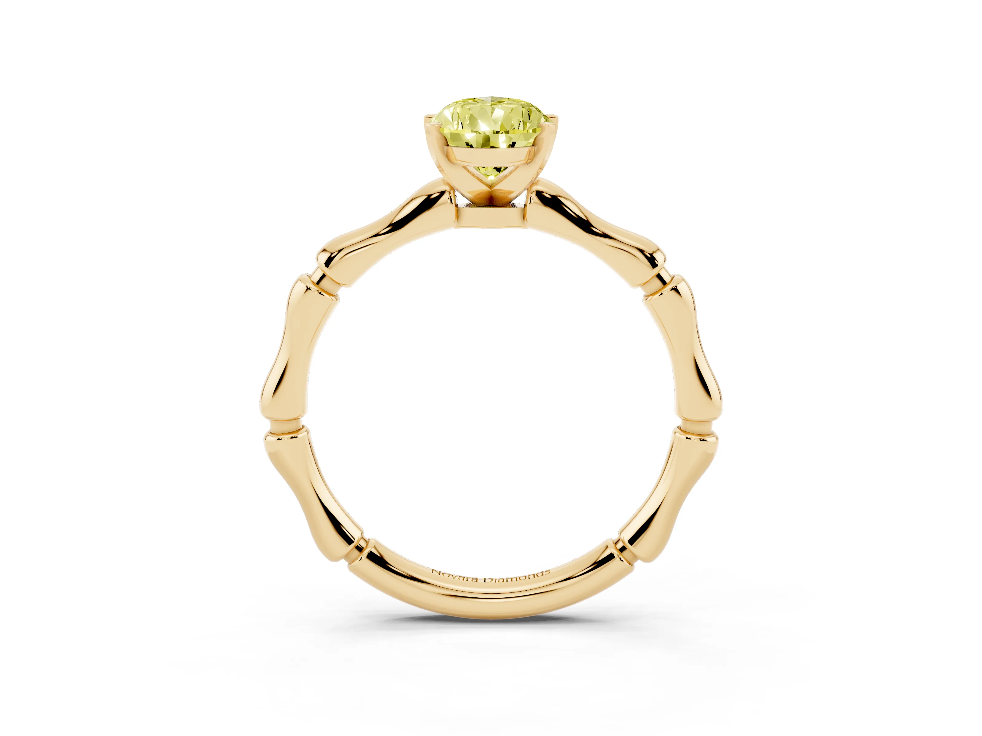 Fancy Yellow Pear Cut Diamond Solitaire Ring Set in Yellow gold with Bamboo Band and Prong Setting