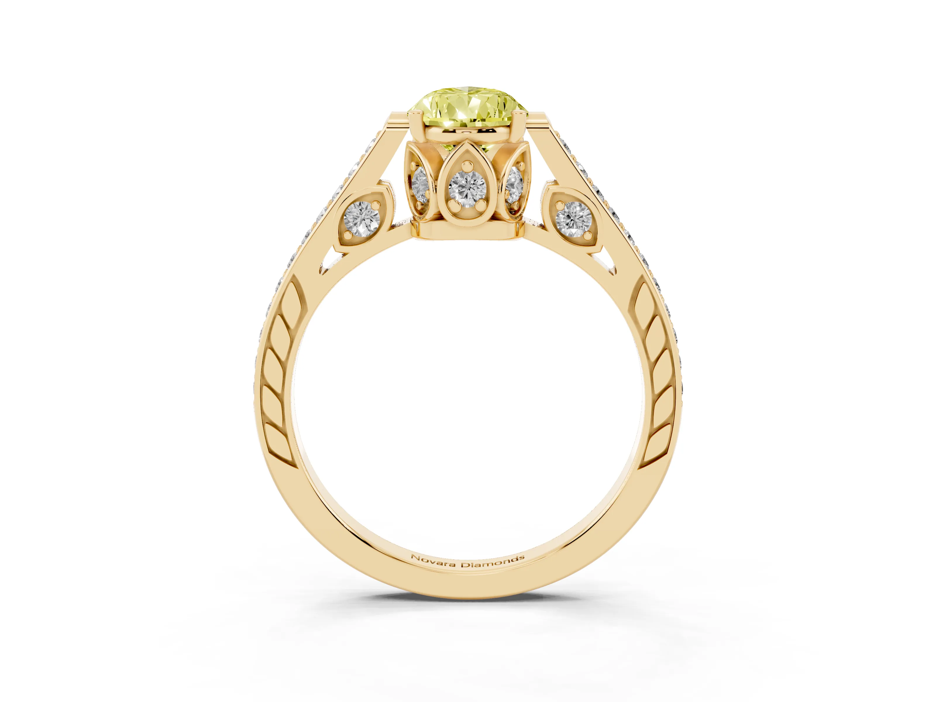 Fancy Yellow Pear Cut Diamond Cathedral Pavé Engagement Ring Set in Yellow gold with Prong Setting