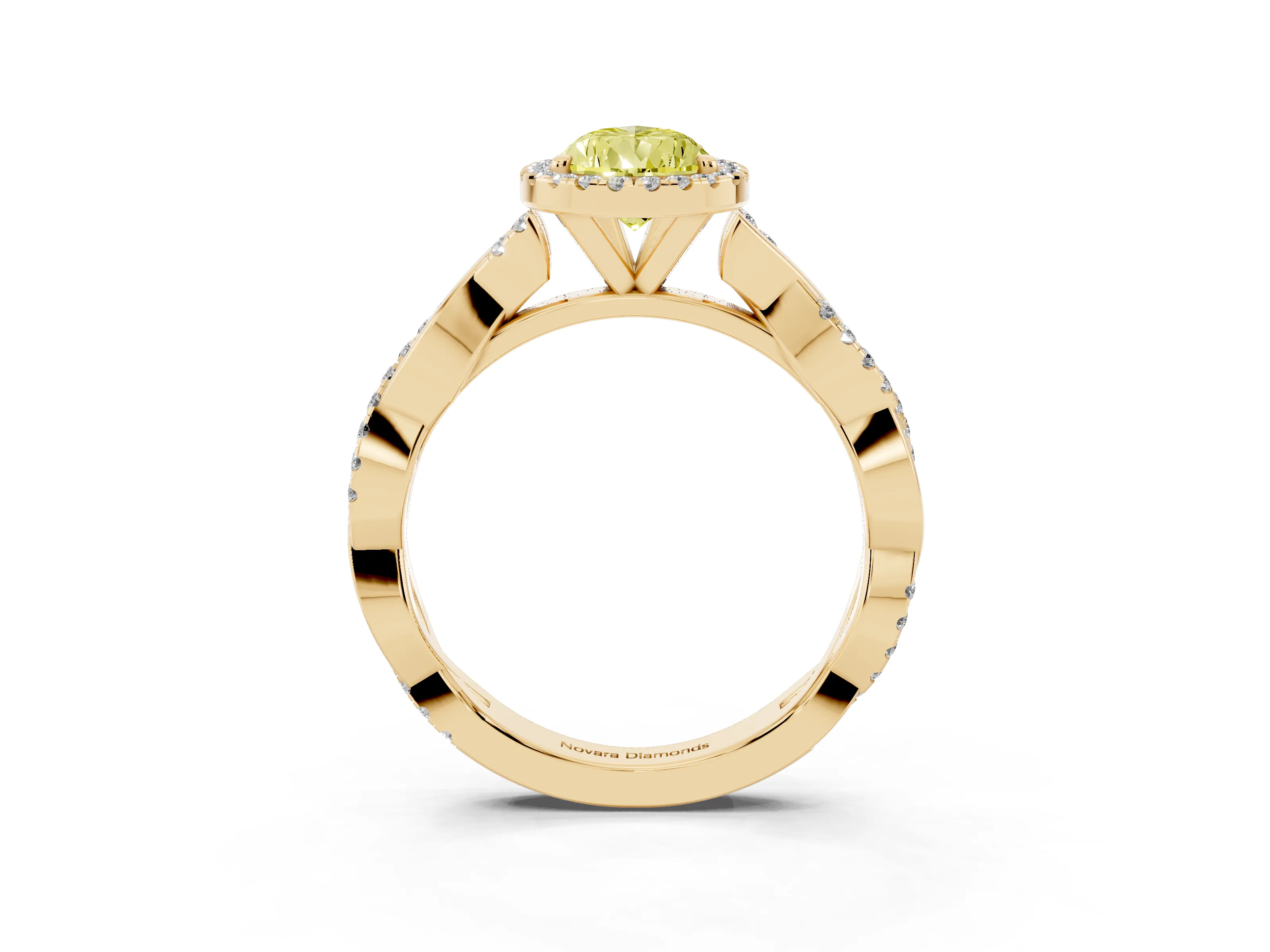 Fancy Yellow Pear Cut Diamond Halo Twisted Band Ring Set in Yellow gold with Prong Setting