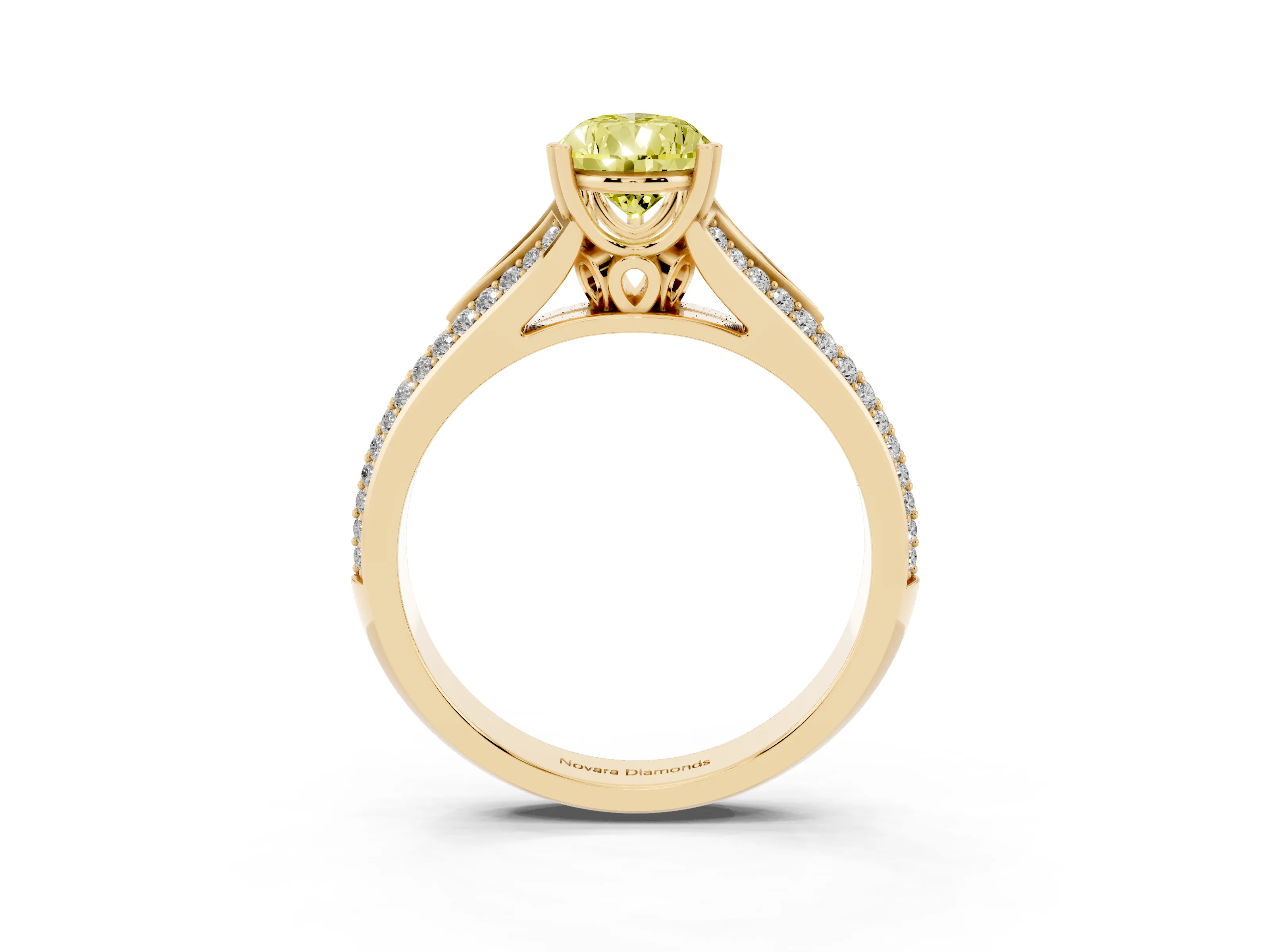 Fancy Yellow Pear Cut Diamond Split Shank Pavé Engagement Ring Set in Yellow gold with Prong-Set Center Stone