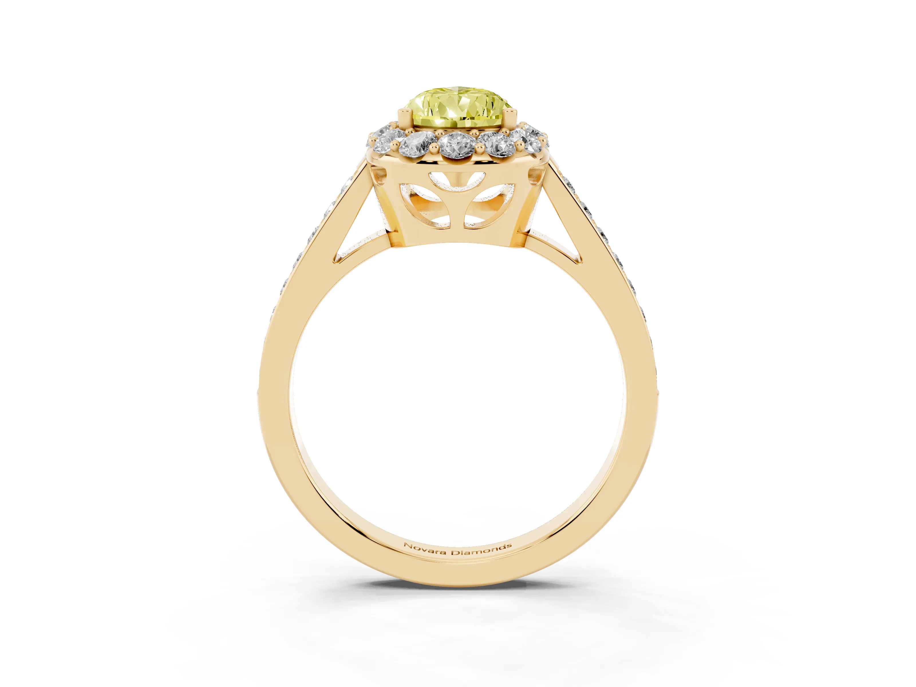 Fancy Yellow Pear Cut Diamond Floral Halo Ring Set in Yellow gold with Pavé Band and Prong Setting