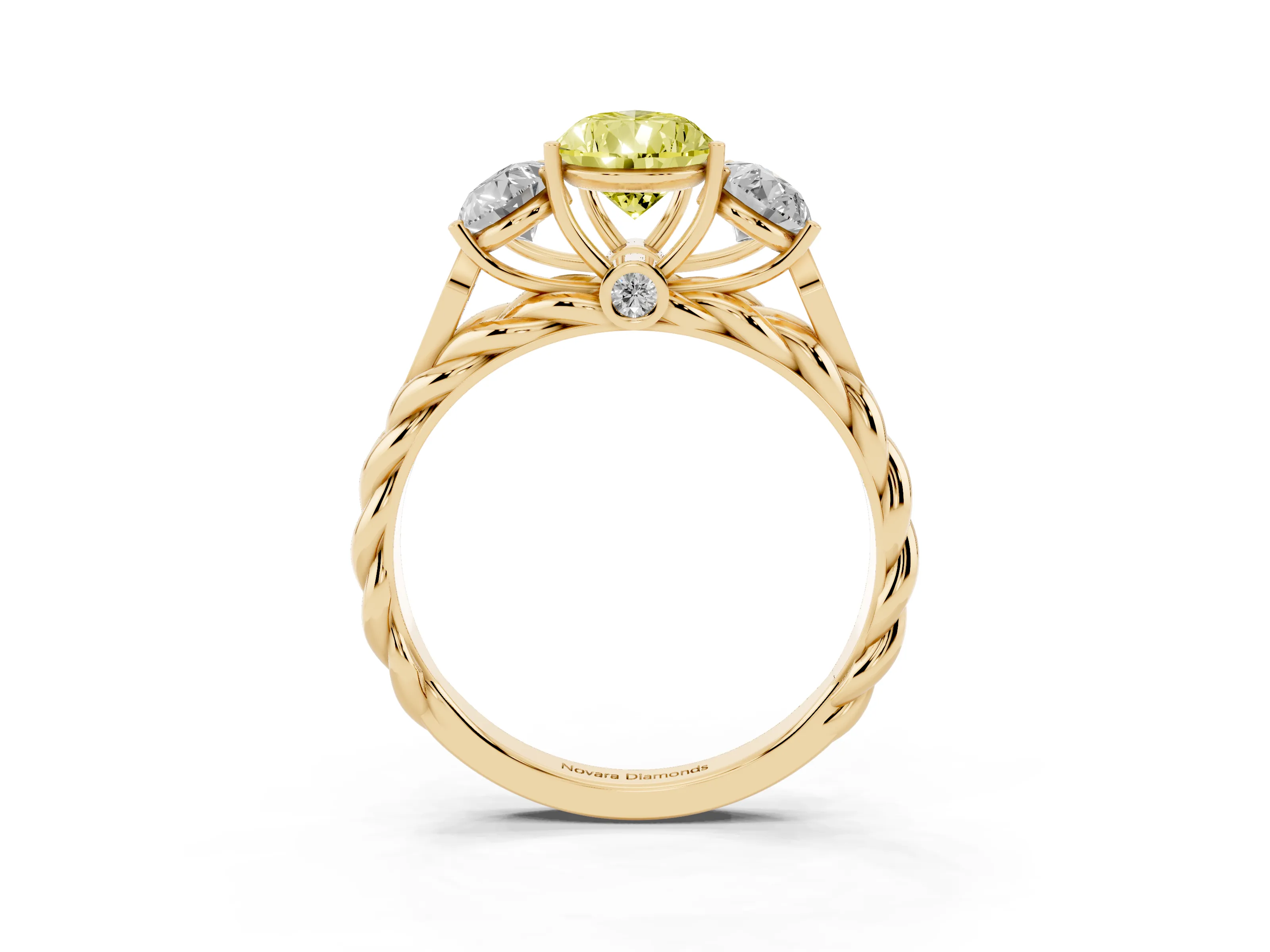 Fancy Yellow Pear Cut Diamond Three-Stone Ring Set in Yellow gold with Braided Band