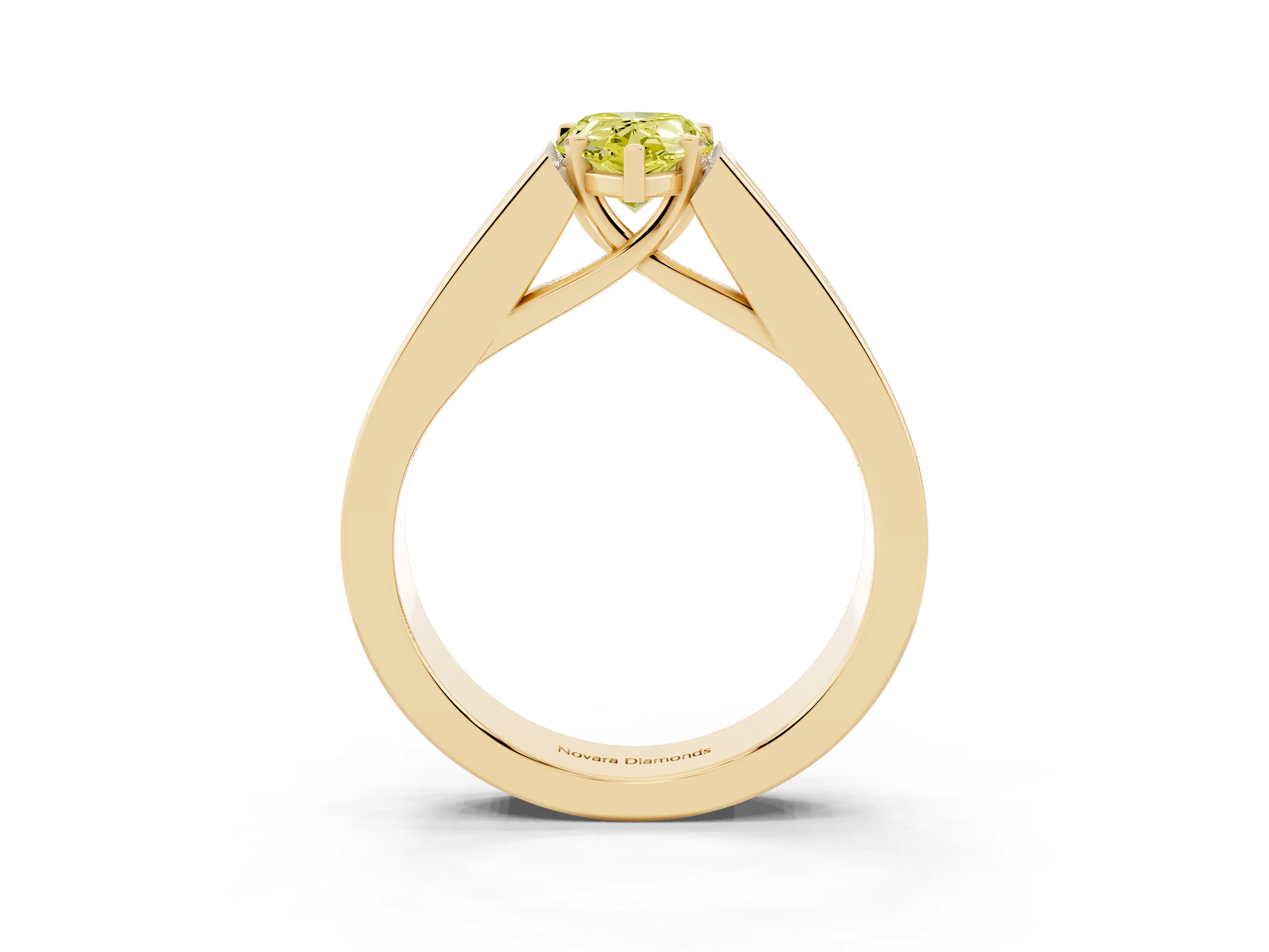 Fancy Yellow Pear Cut Diamond Solitaire Ring Set in Yellow gold with Channel-Set Accent Stones and Prong Setting