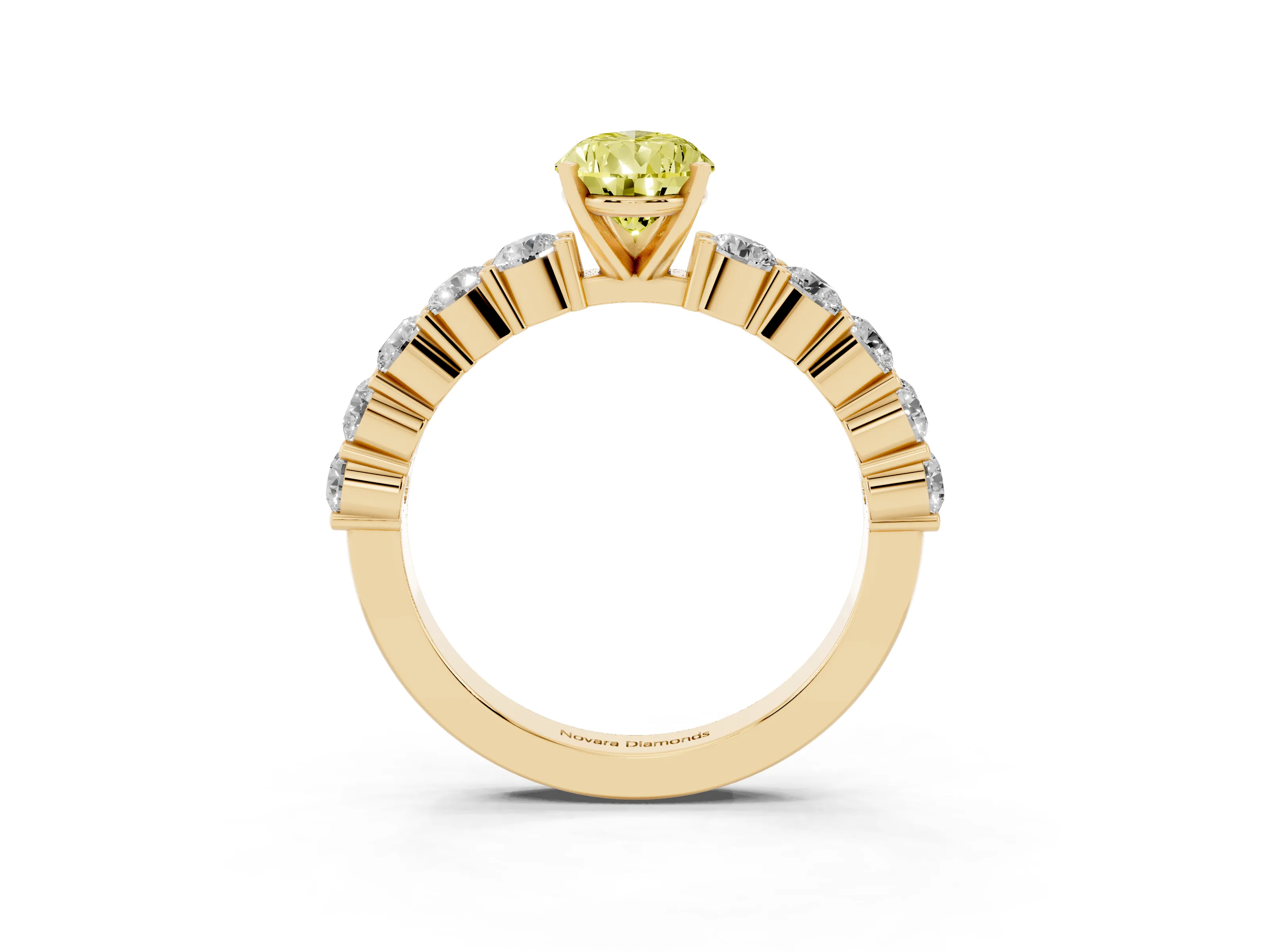 Fancy Yellow Pear Cut Diamond Solitaire Ring Set in Yellow gold with Shared Prong Round Side Stones
