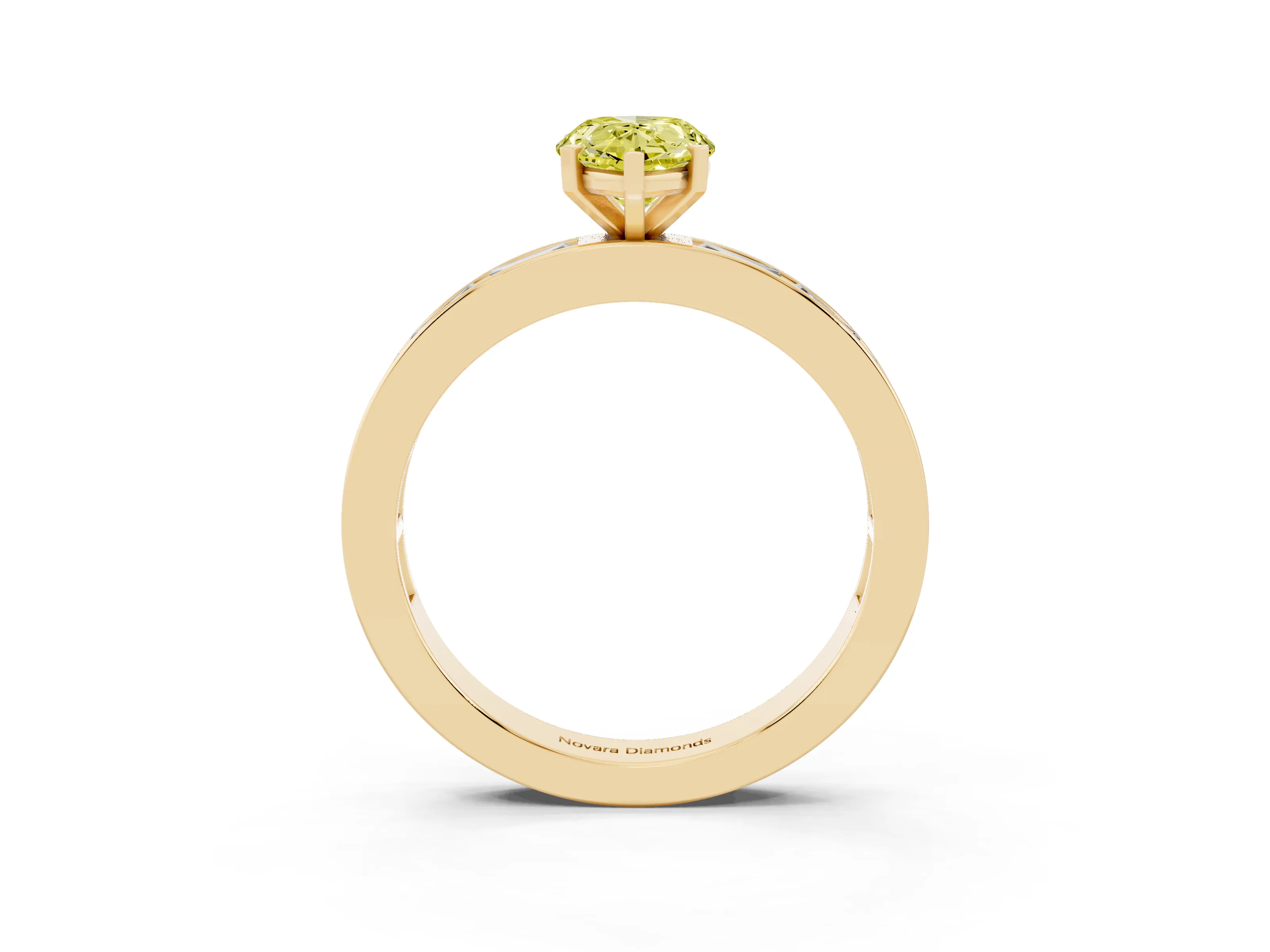 Fancy Yellow Pear Cut Diamond Solitaire Ring Set in Yellow gold with Channel-Set Baguette Band and Prong Setting