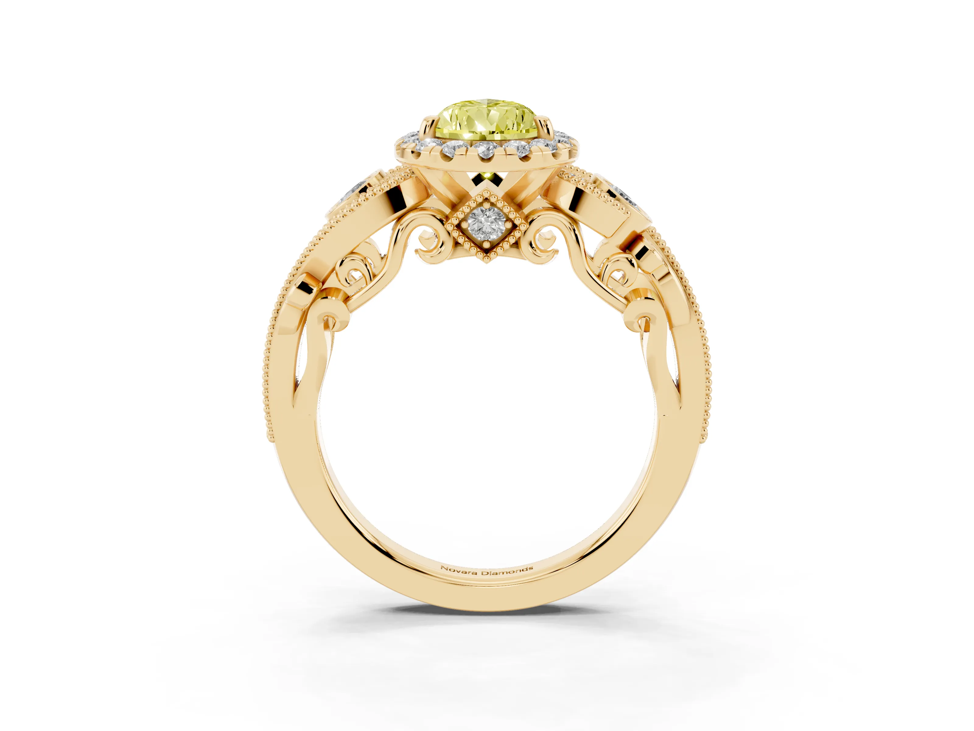 Fancy Yellow Pear Cut Diamond Halo Ring Set in Yellow gold with Milgrain Pavé Band and Prong Setting