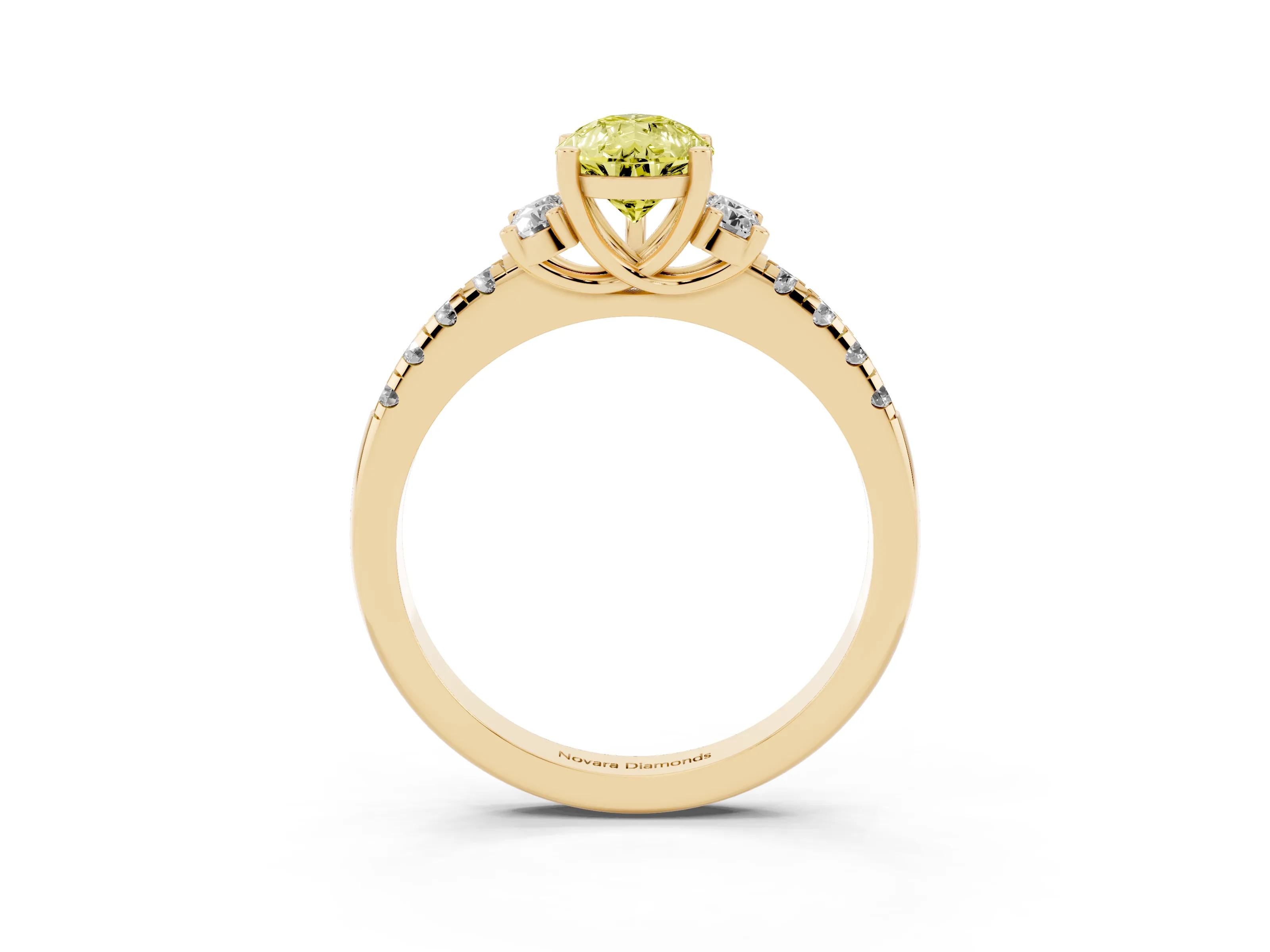 Fancy Yellow Pear Cut Diamond Three-Stone Pavé Ring Set in Yellow gold with Prong Setting