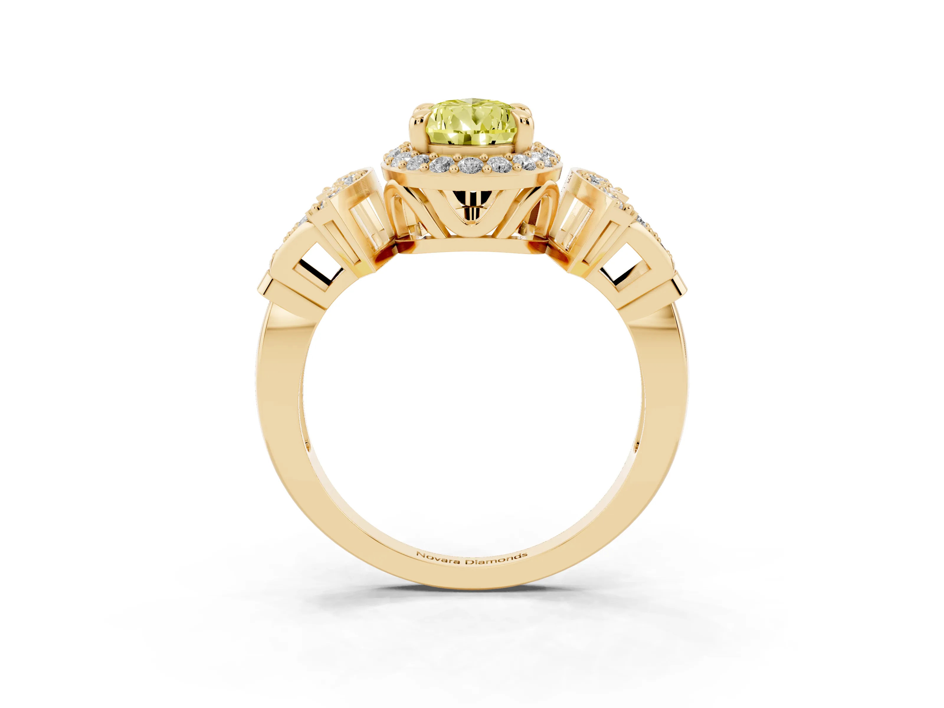 Fancy Yellow Pear Cut Diamond Halo Engagement Ring Set in Yellow gold with Accent Stone Split Shank