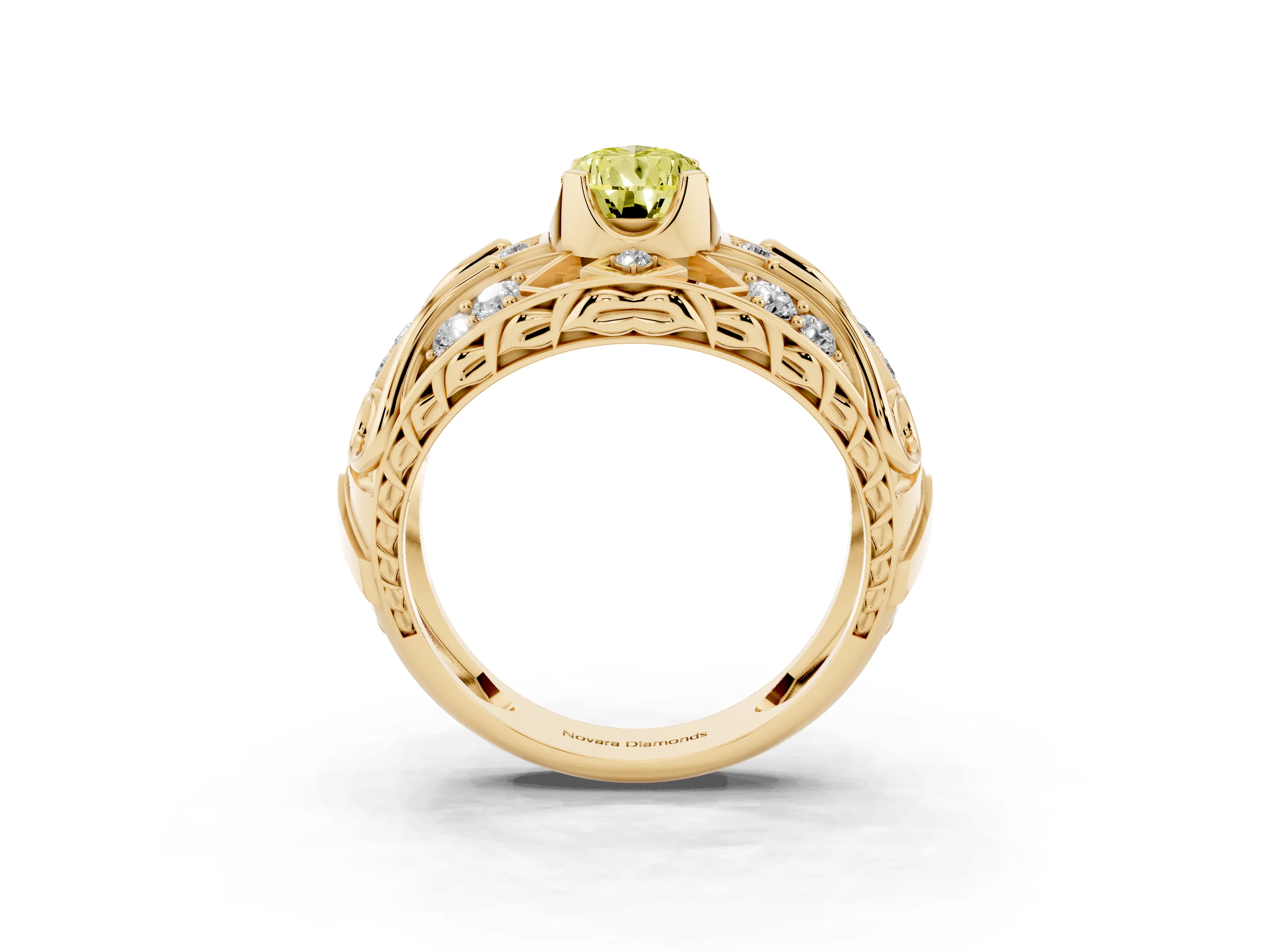 Fancy Yellow Pear Cut Diamond Art Deco Ring Set in Yellow gold with Pavé Split Shank