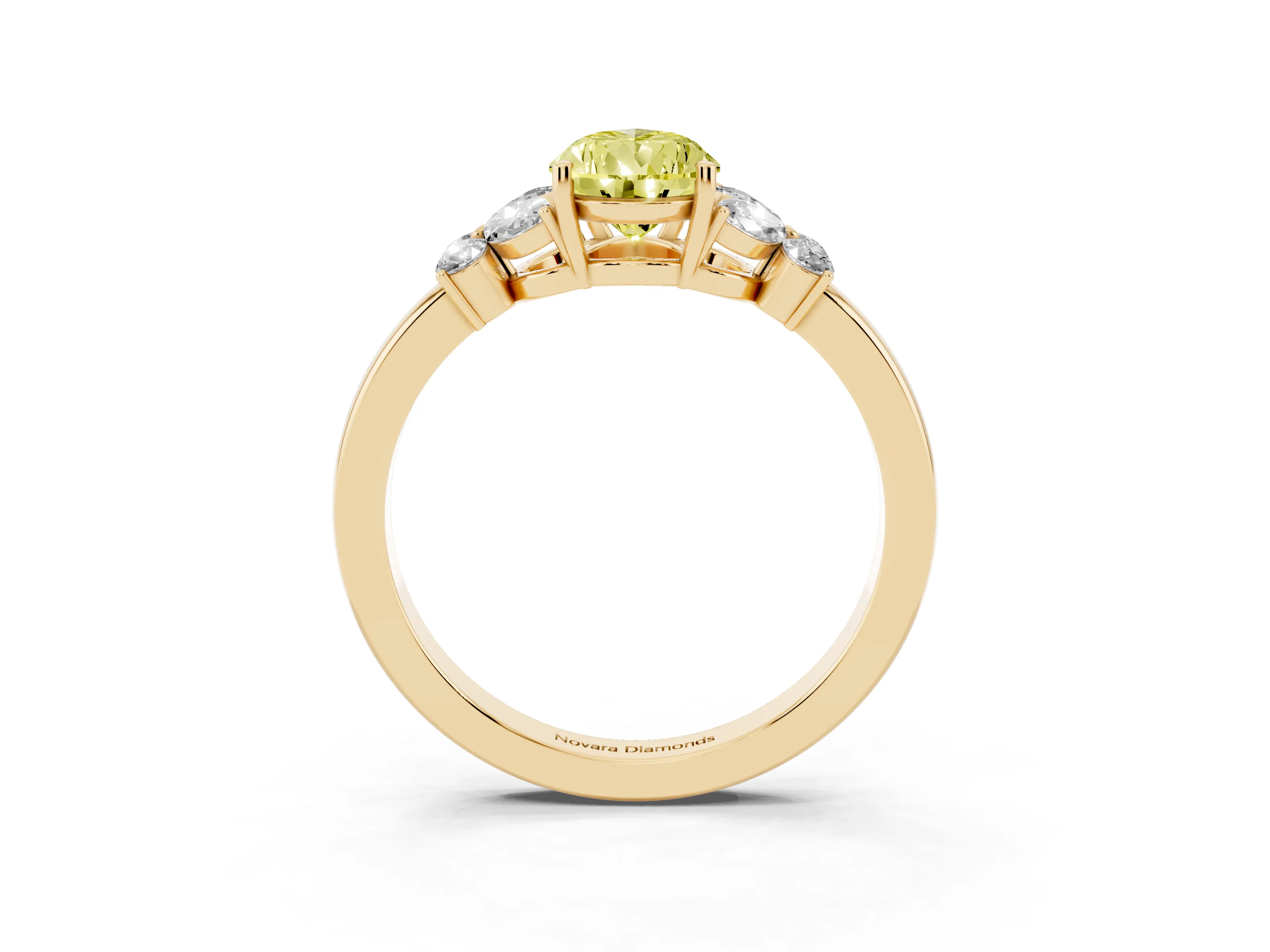 Fancy Yellow Pear Cut Diamond Solitaire Floral Ring Set in Yellow gold with Marquise Petals and Prong Setting