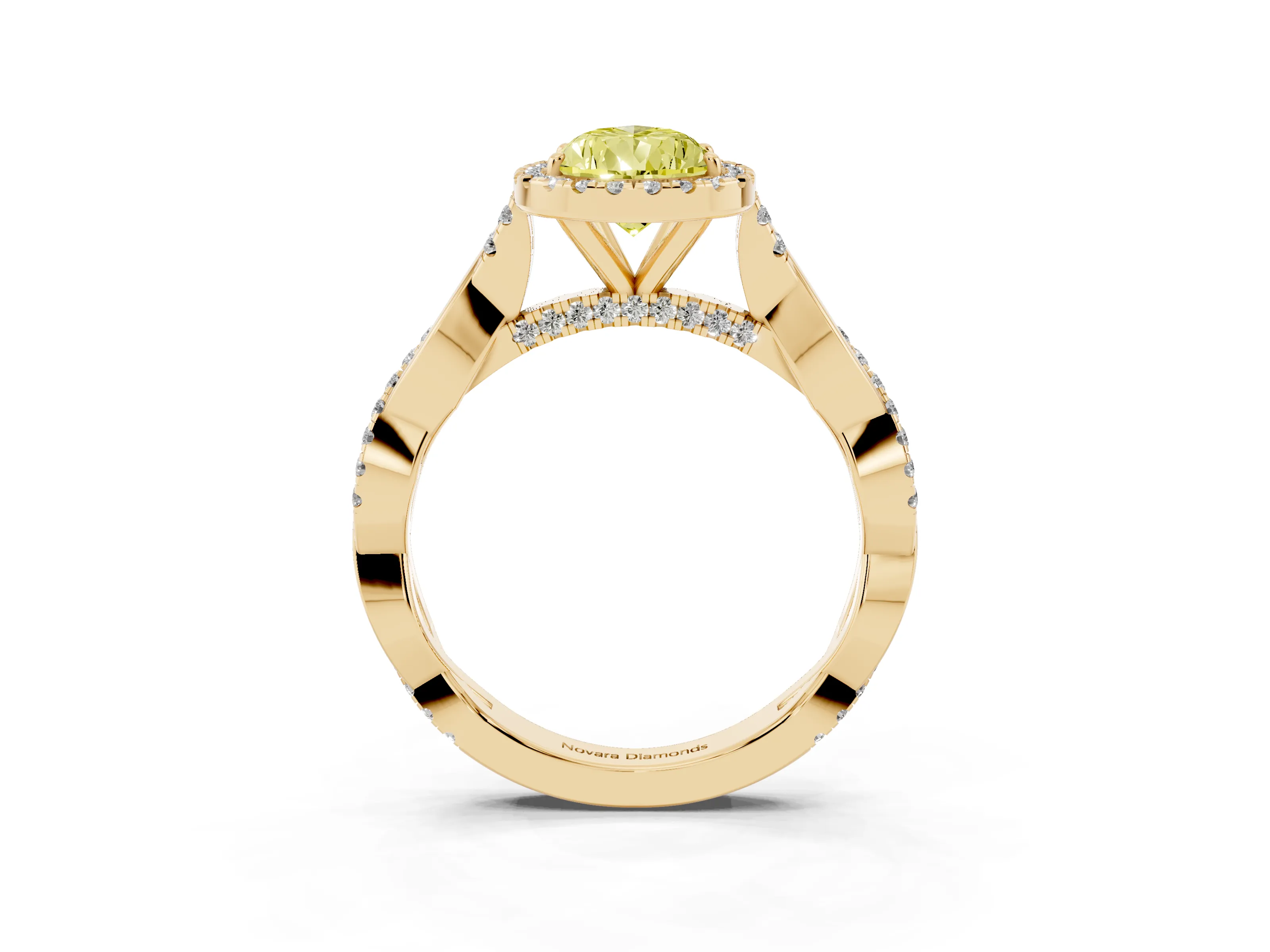 Fancy Yellow Pear Cut Diamond Halo Twist Band Solitaire Ring Set in Yellow gold with Prong Setting