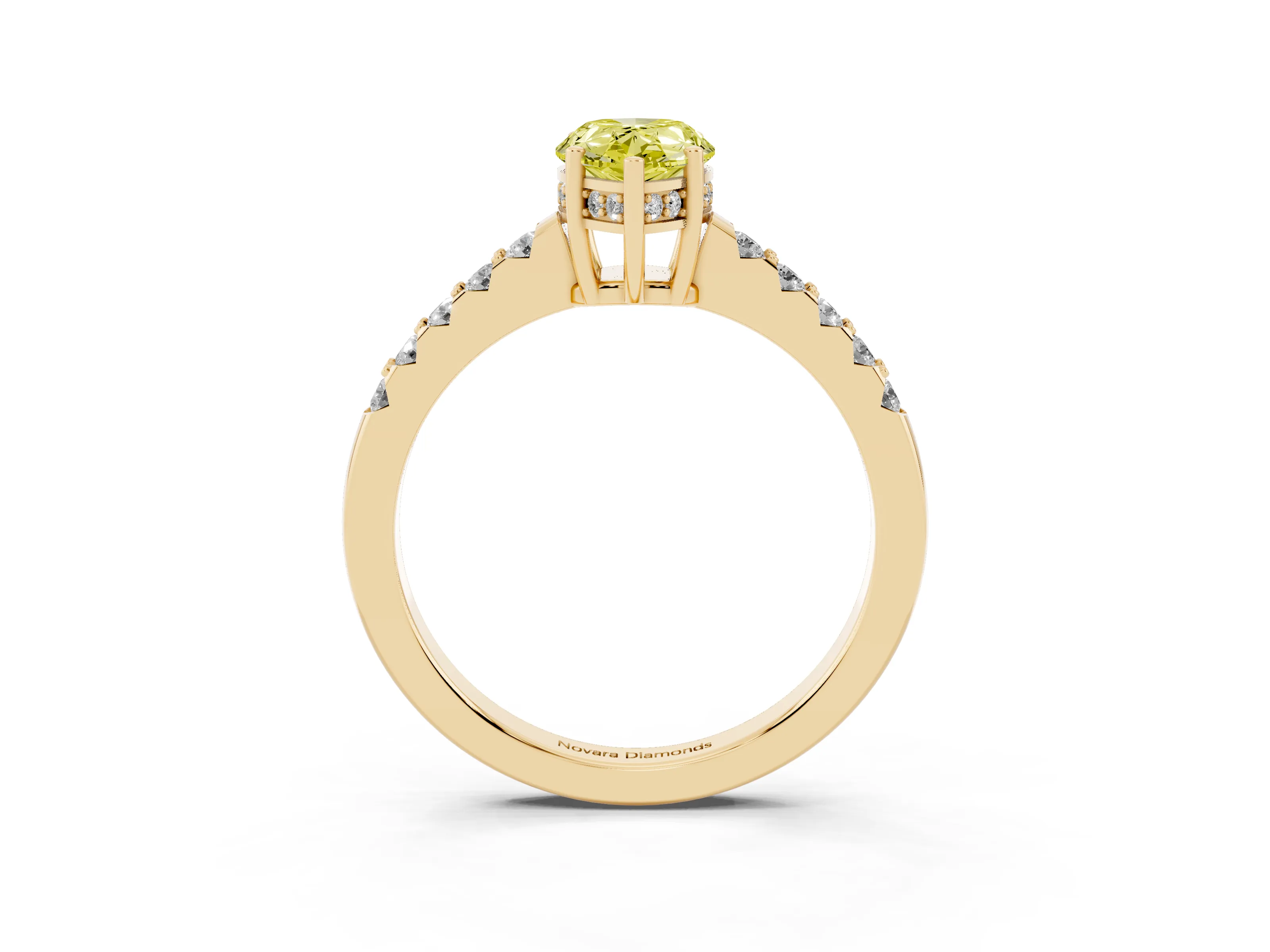 Fancy Yellow Pear Cut Diamond Solitaire Engagement Ring Set in Yellow gold with Pavé Band and Prong Setting