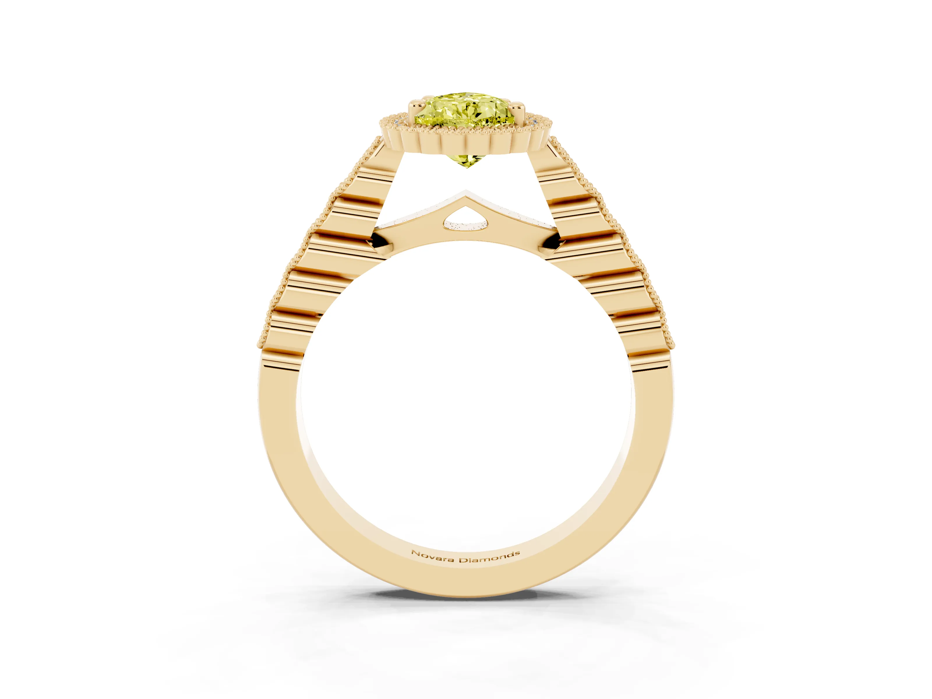 Fancy Yellow Pear Cut Diamond Halo Ring Set in Yellow gold with Pavé Milgrain Band