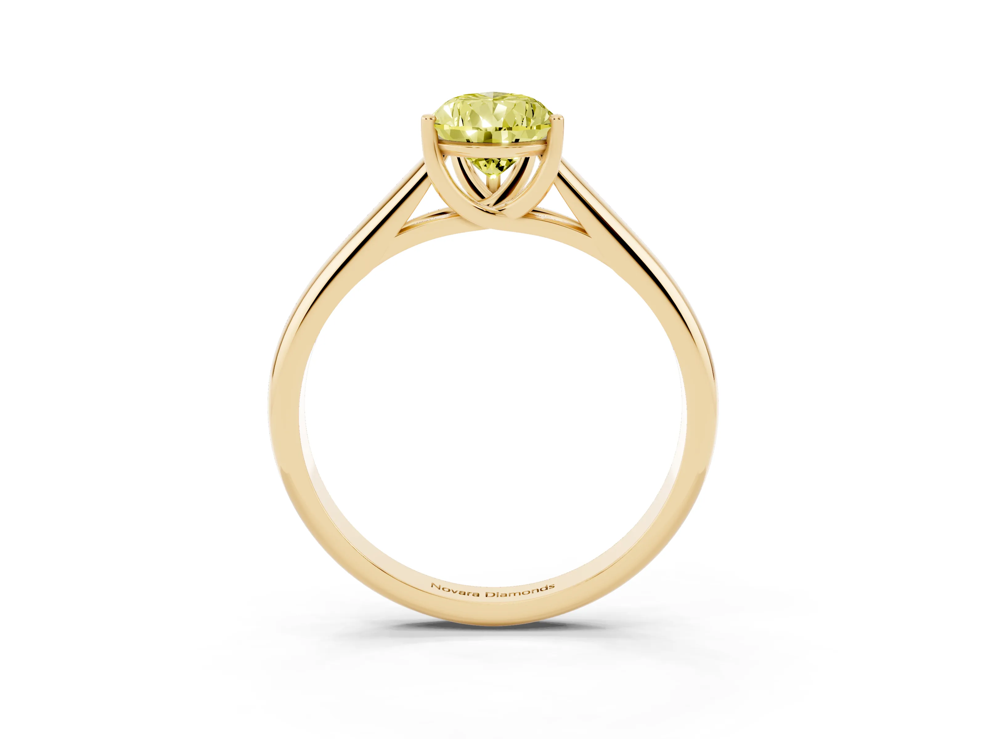 Fancy Yellow Pear Cut Diamond Solitaire Engagement Ring Set in Yellow gold with Subtly Tapered Band and Prong Setting
