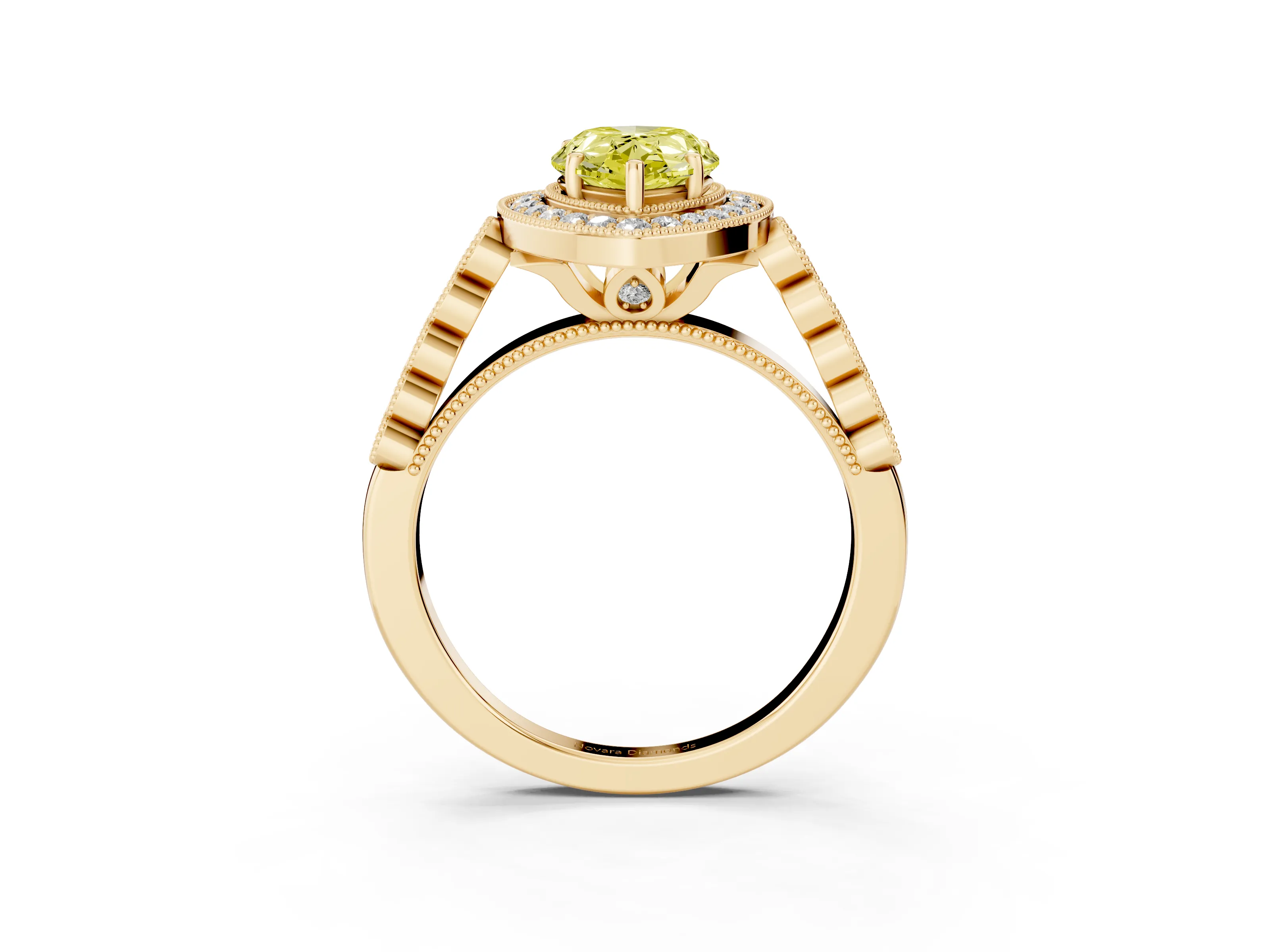 Fancy Yellow Pear Cut Diamond Milgrain Halo Solitaire Ring Set in Yellow gold with Bezel Set Side Stones and Pavé Band