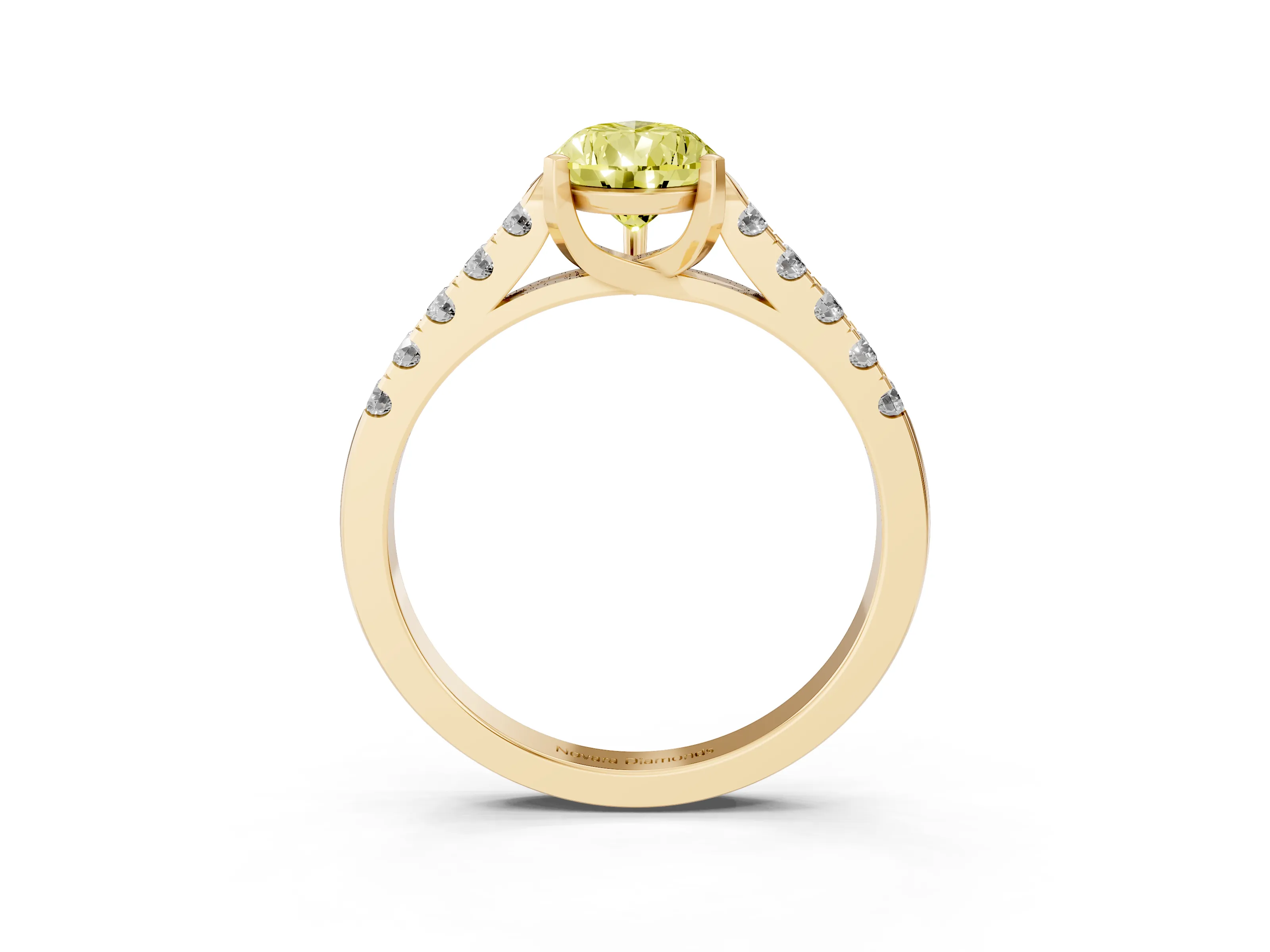 Fancy Yellow Pear Cut Diamond Pavé Band Solitaire Ring Set in Yellow gold with Partway Accent Stones and Prong Setting