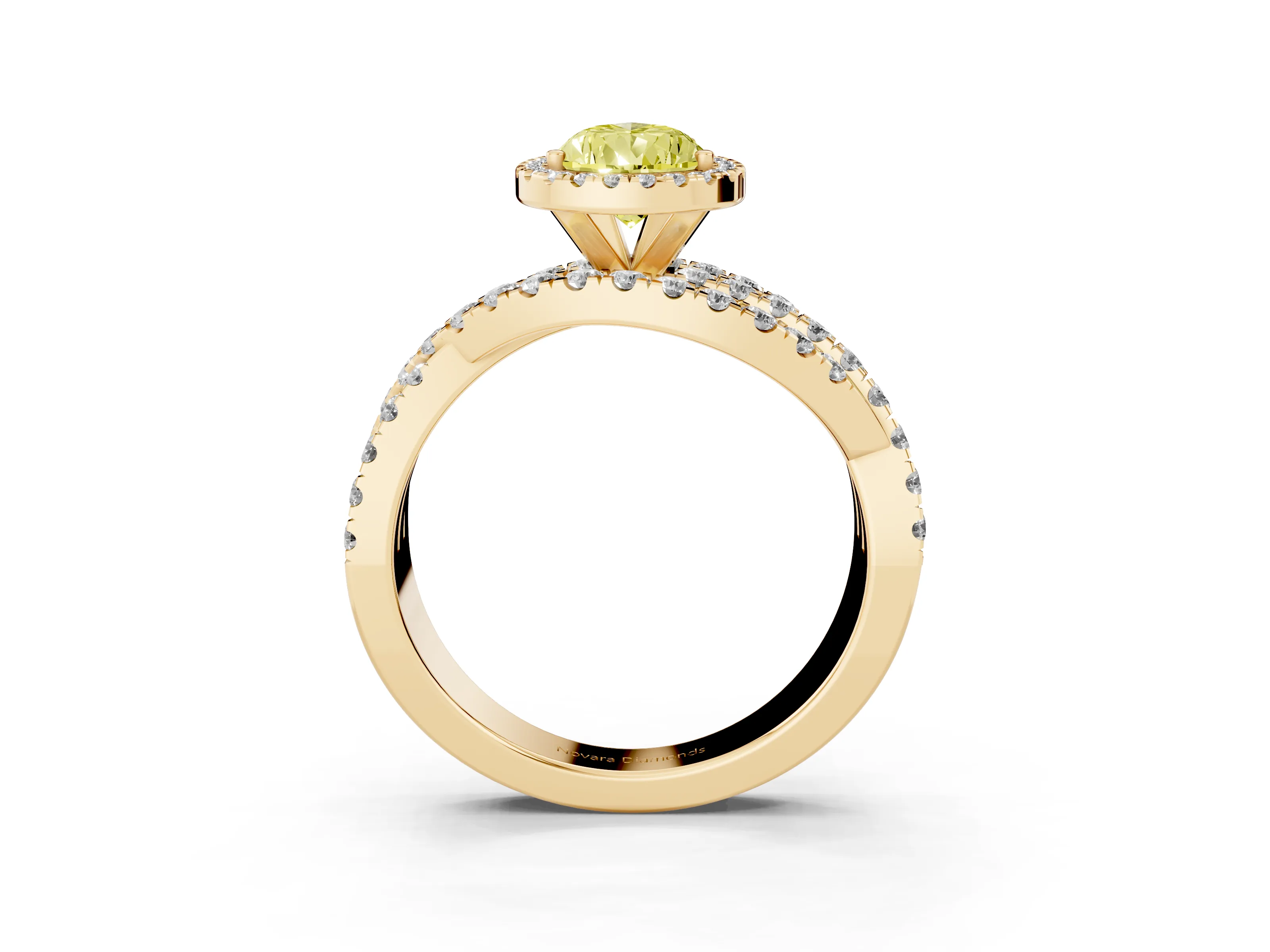 Fancy Yellow Pear Cut Diamond Halo Ring Set in Yellow gold with Round Crossover Split Shank and Prong Setting