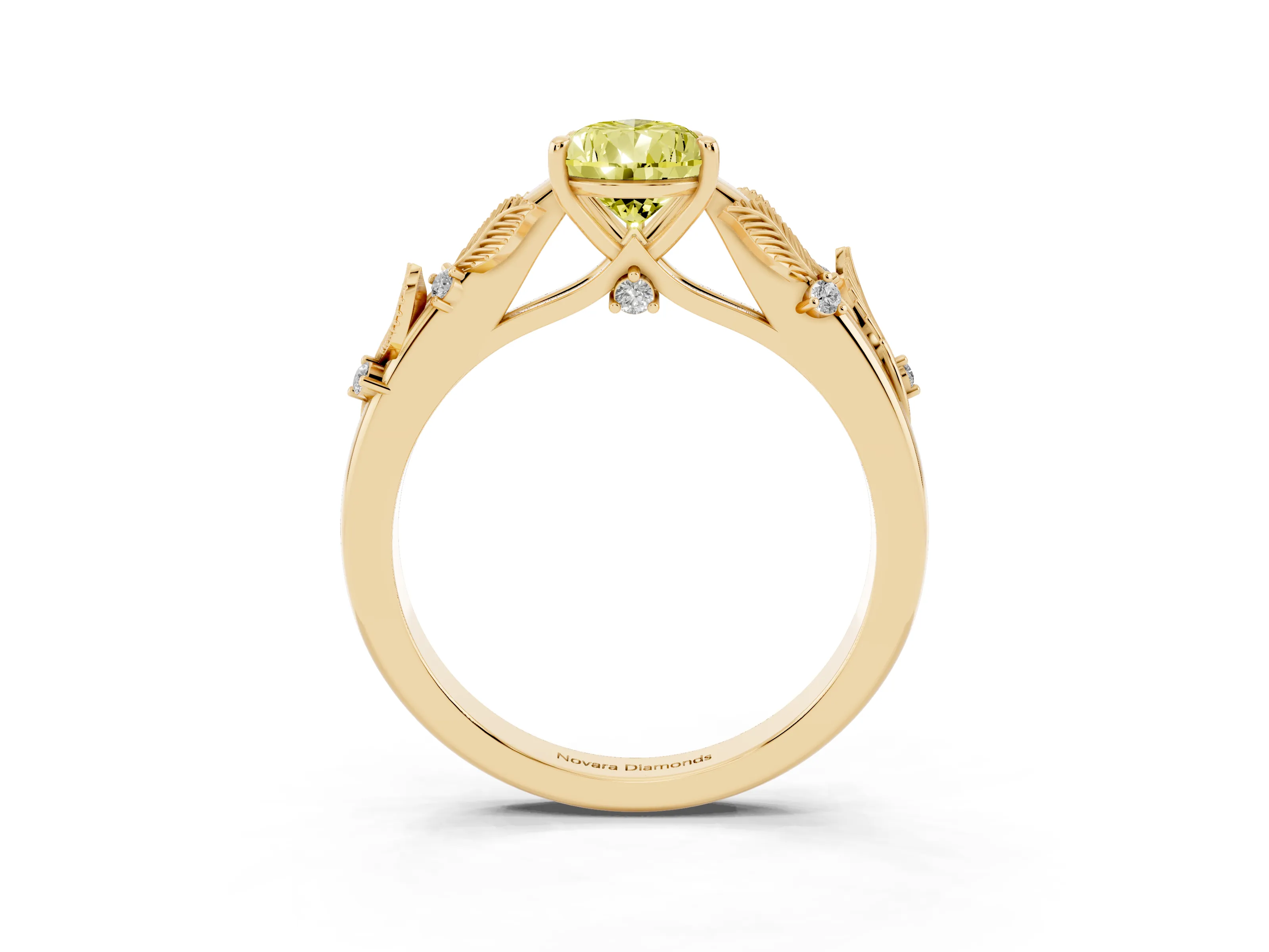 Fancy Yellow Pear Cut Diamond Solitaire Ring Set in Yellow gold with Leaf Motif Band
