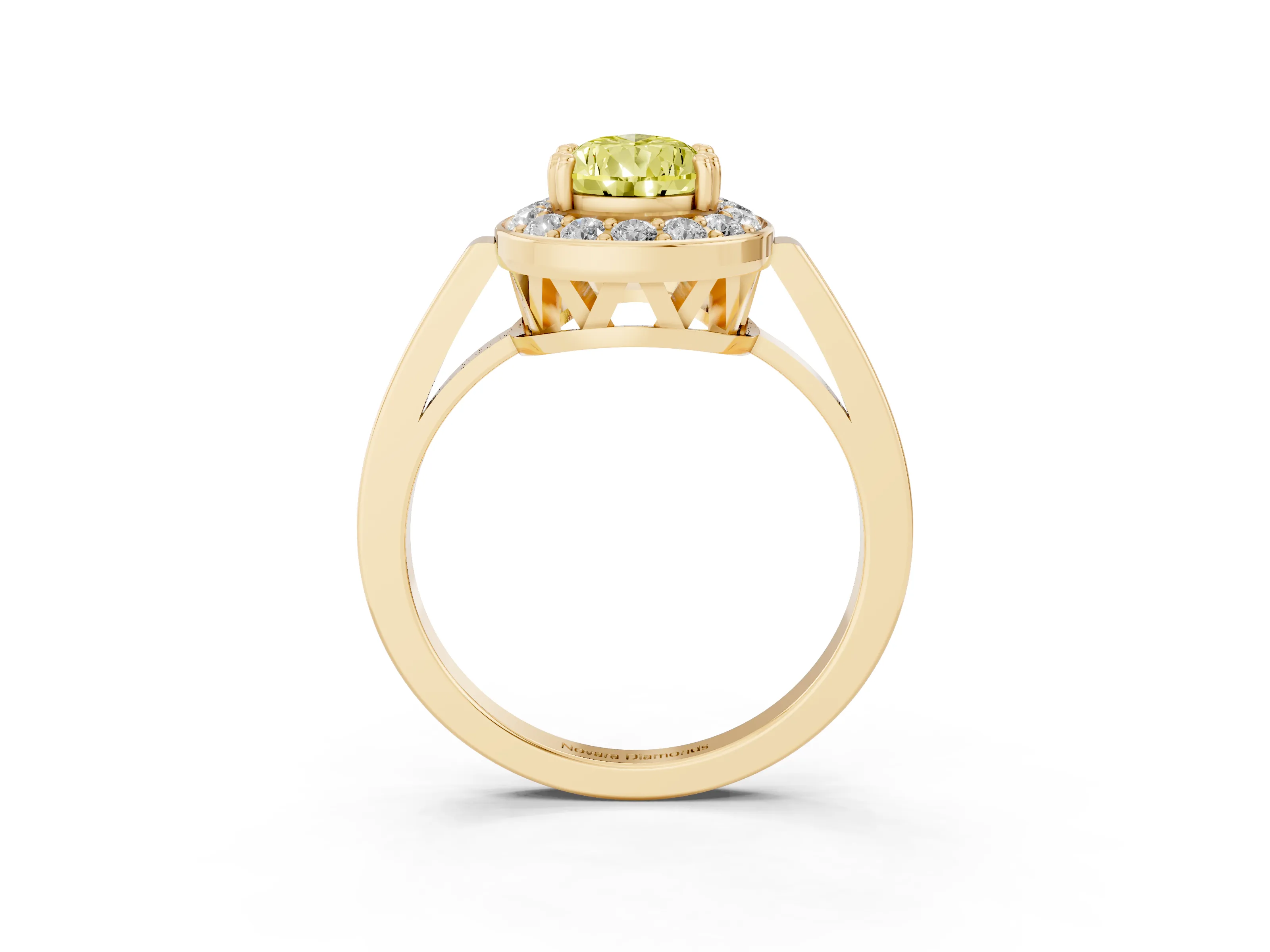 Fancy Yellow Pear Cut Diamond Halo Ring Set in Yellow gold with Accent-Lined Split Shank and Prong Setting