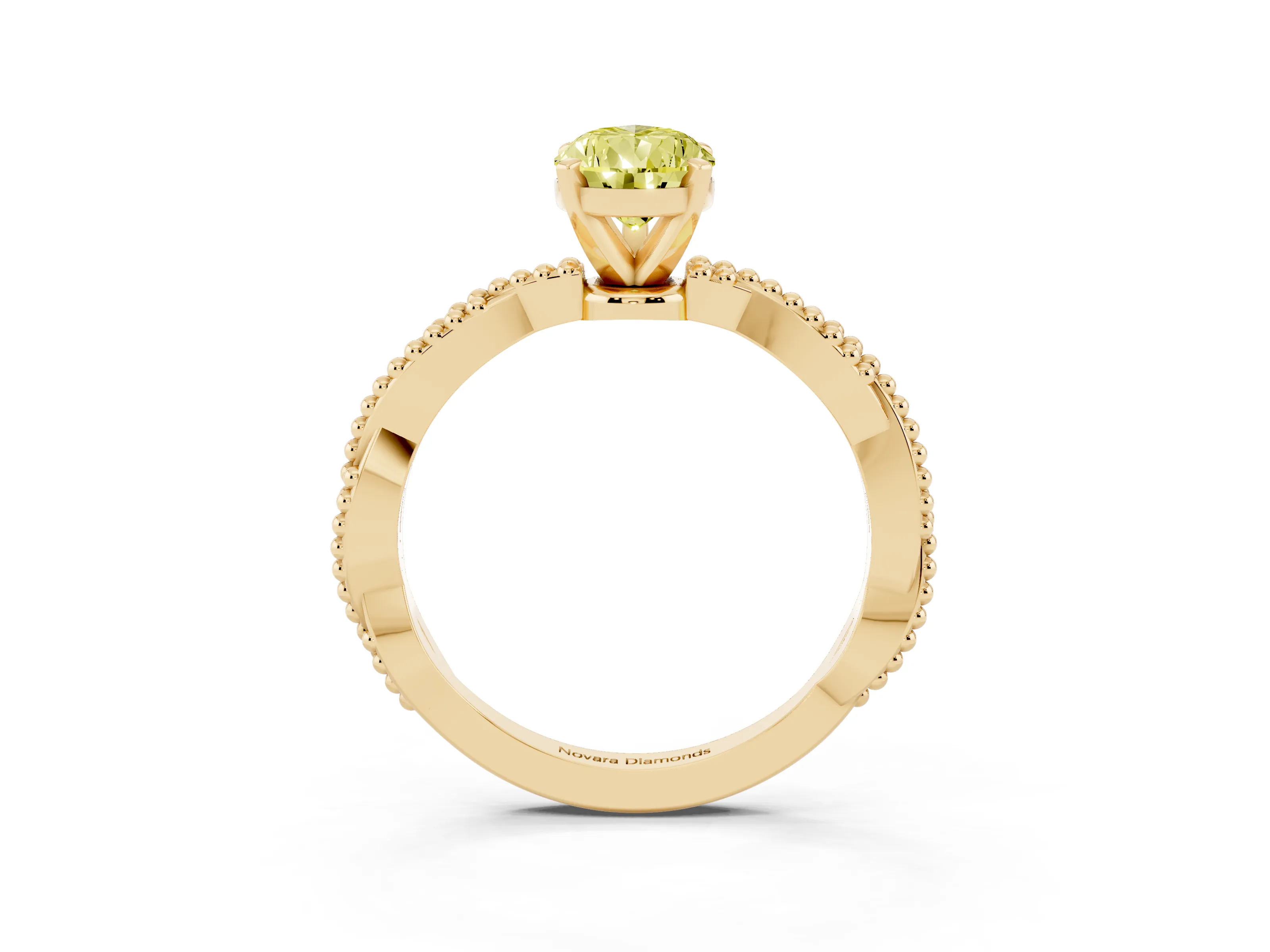 Fancy Yellow Pear Cut Diamond Solitaire Ring Set in Yellow gold with Twisted Band and Bead Prong Setting