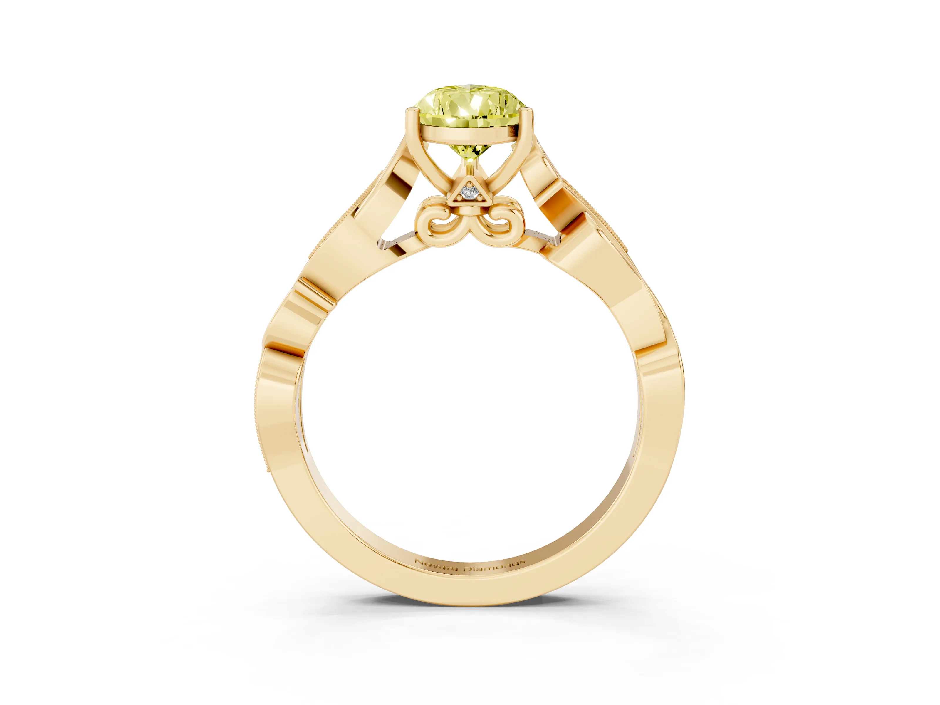 Fancy Yellow Pear Cut Diamond Vine Band Solitaire Ring Set in Yellow gold with Milgrain Prong Setting