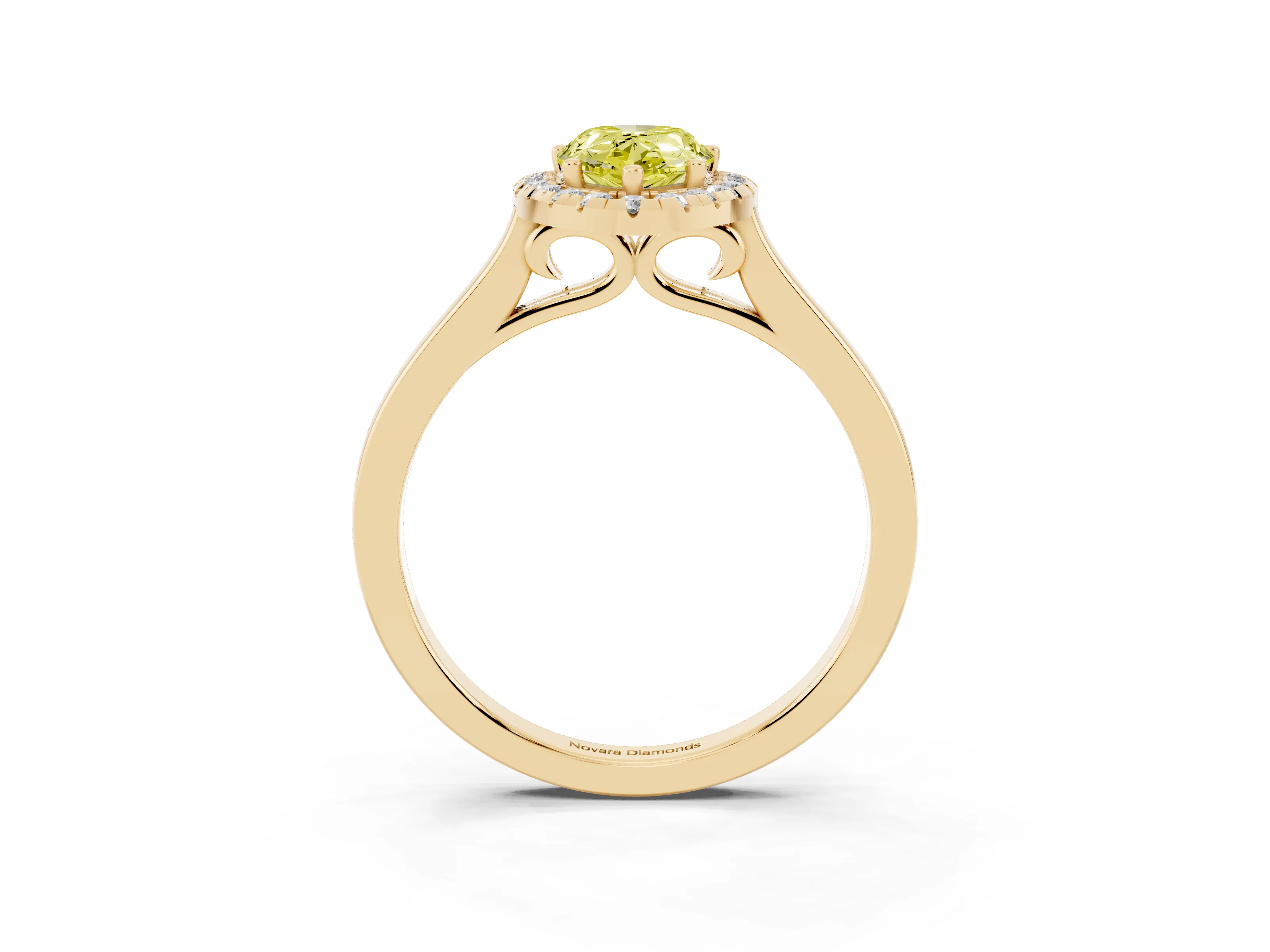 Fancy Yellow Pear Cut Halo Round Diamond Solitaire Ring Set in Yellow gold with Pavé Band and Prong Setting