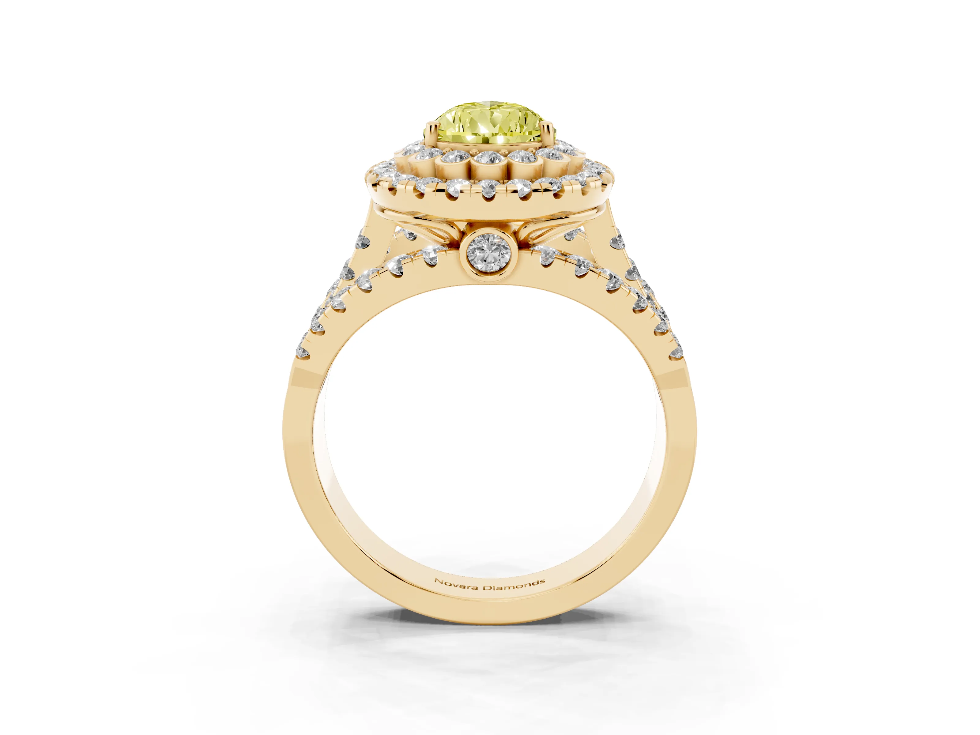 Fancy Yellow Pear Cut Diamond Double Halo Ring Set in Yellow gold with Round Pavé Split Shank