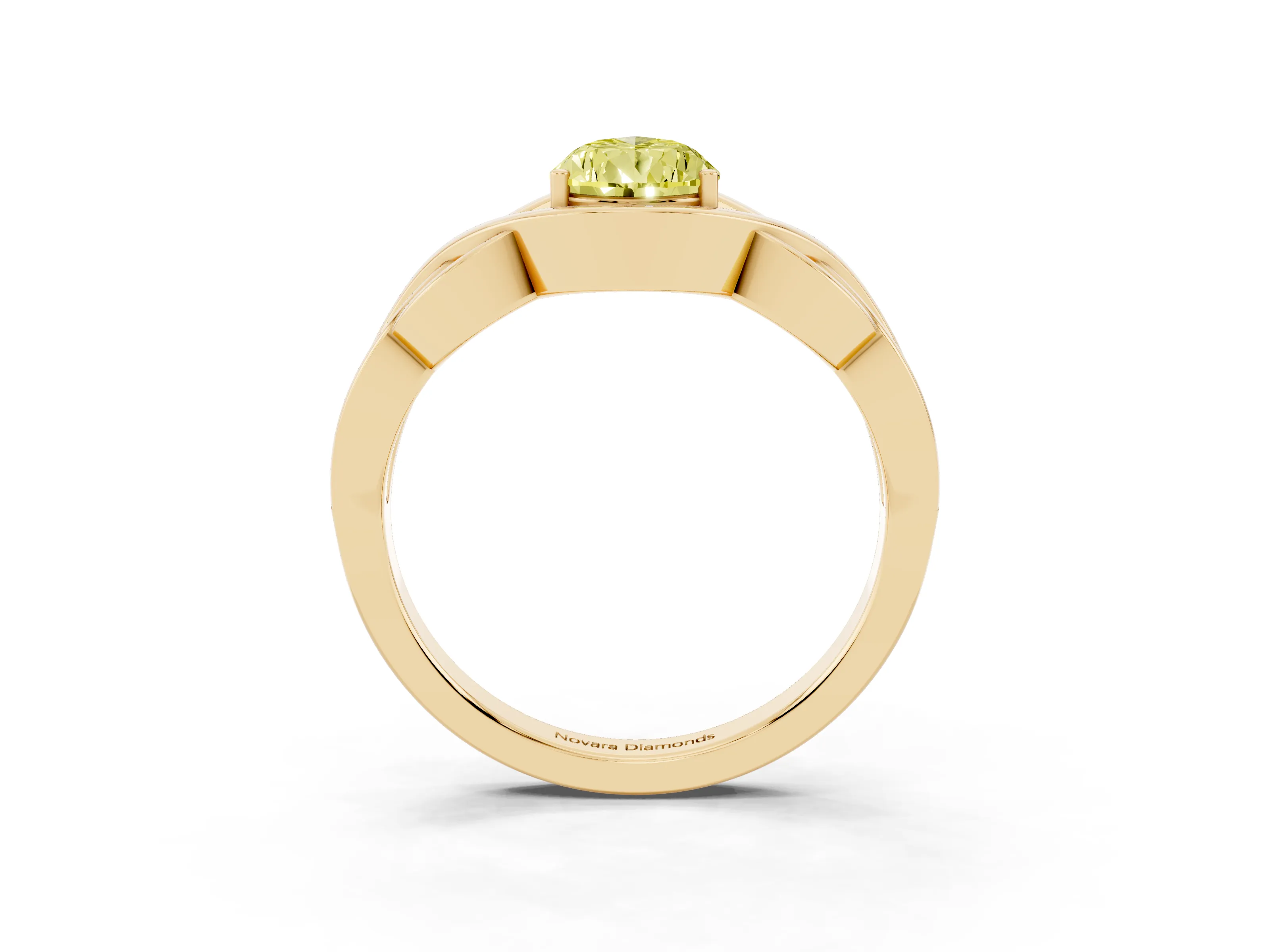 Fancy Yellow Pear Cut Diamond Solitaire Ring Set in Yellow gold with Intertwined Band