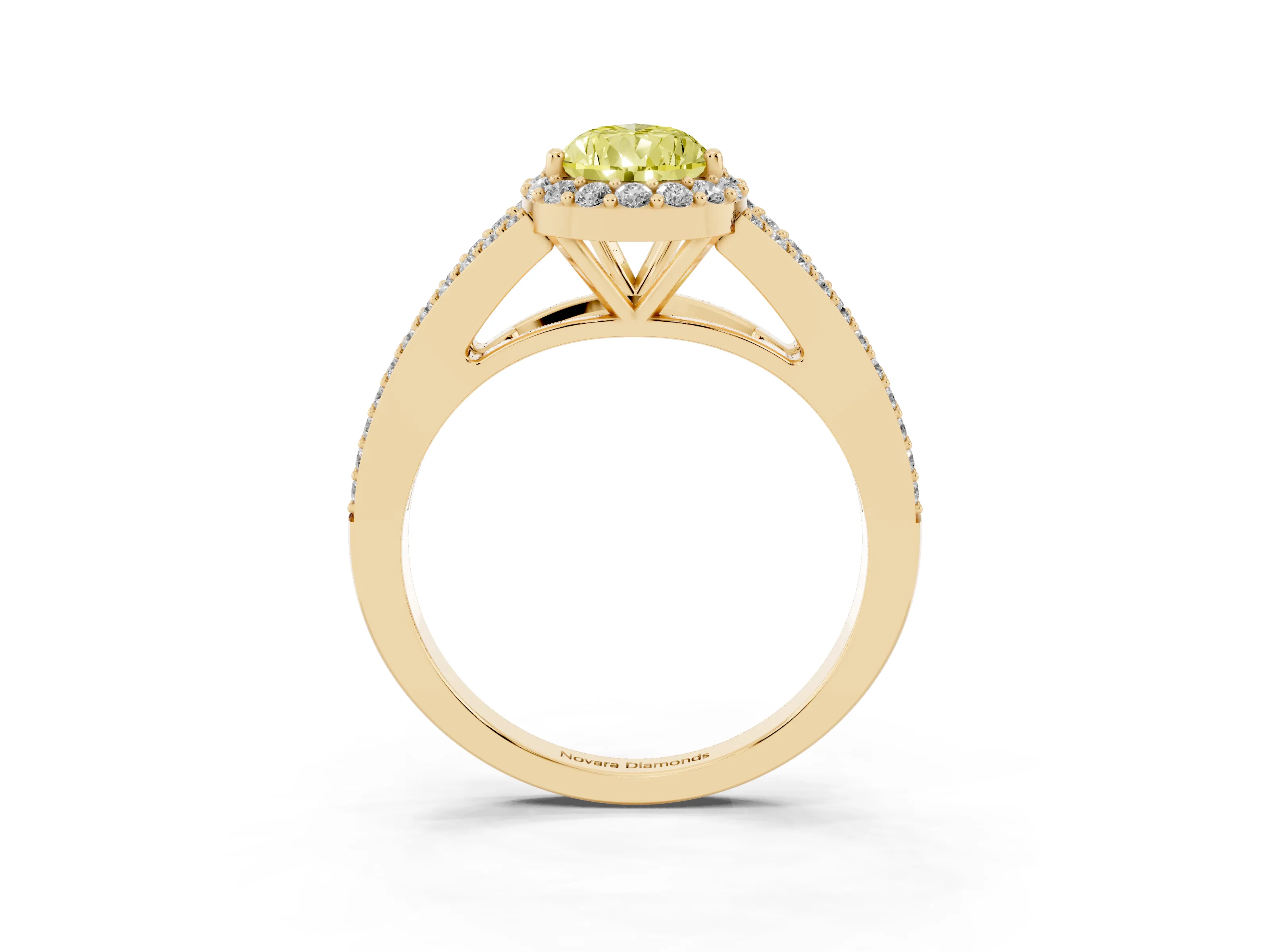 Fancy Yellow Pear Cut Diamond Halo Split Shank Pavé Ring Set in Yellow gold with Prong Setting