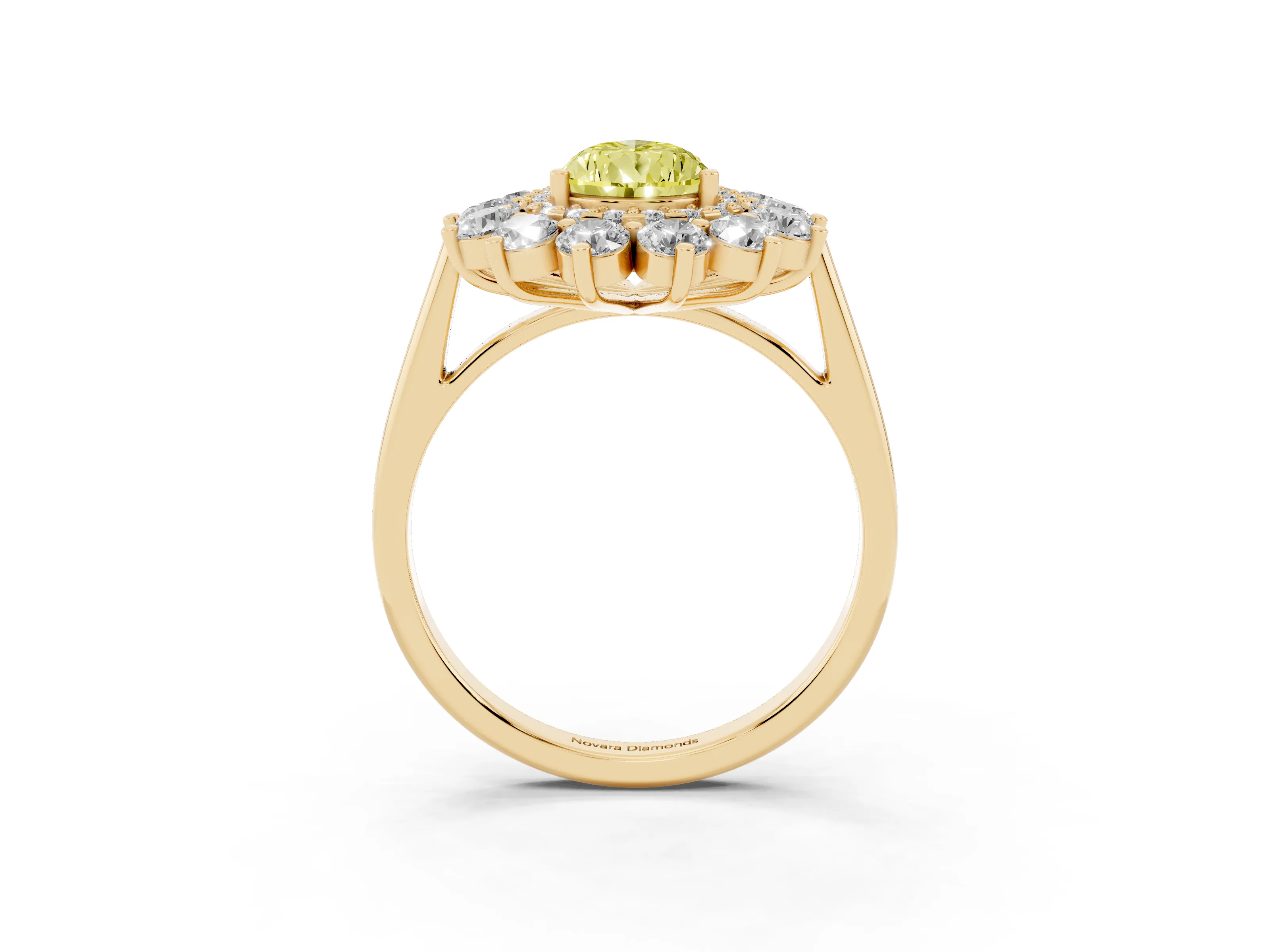 Fancy Yellow Pear Cut Diamond Floral Double Halo Ring Set in Yellow gold with Round Petals