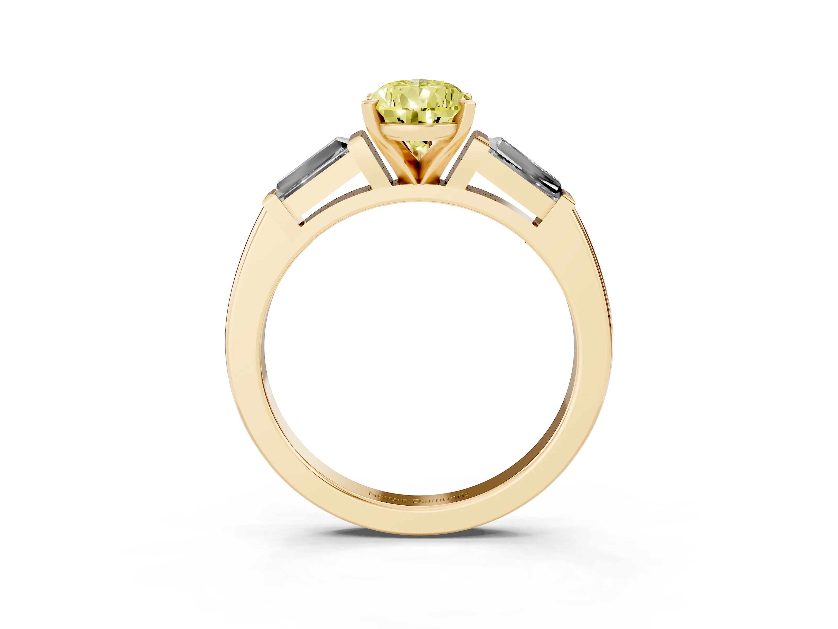 Fancy Yellow Pear Cut Diamond Solitaire Ring Set in Yellow gold with Tapered Baguette Side Stones and Prong Setting