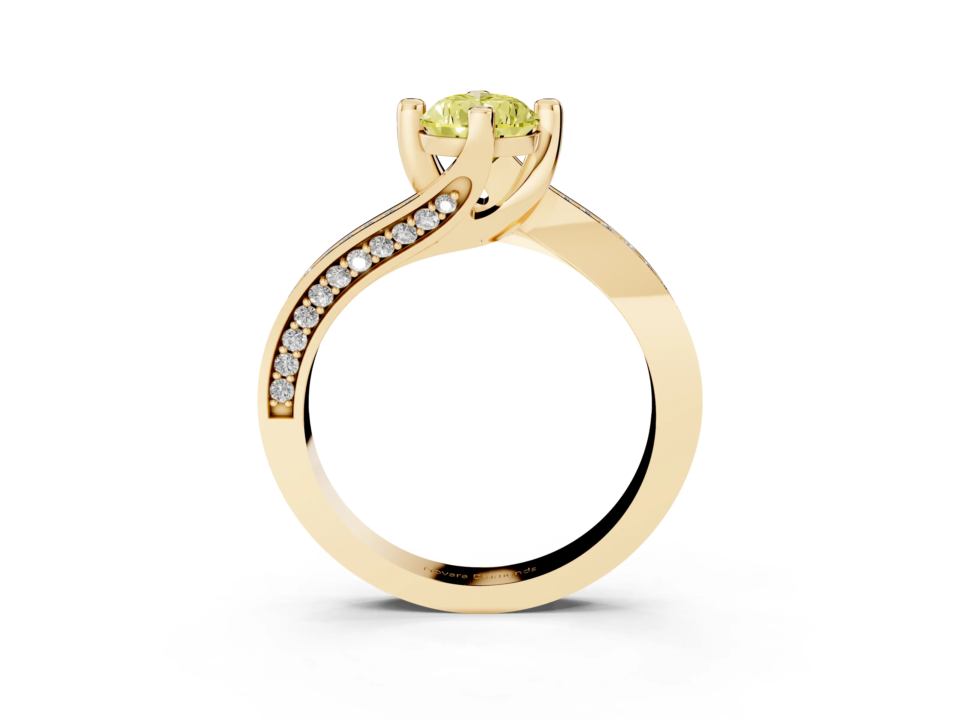 Fancy Yellow Pear Cut Diamond Solitaire Ring Set in Yellow gold with Intertwined Pavé Twist Band