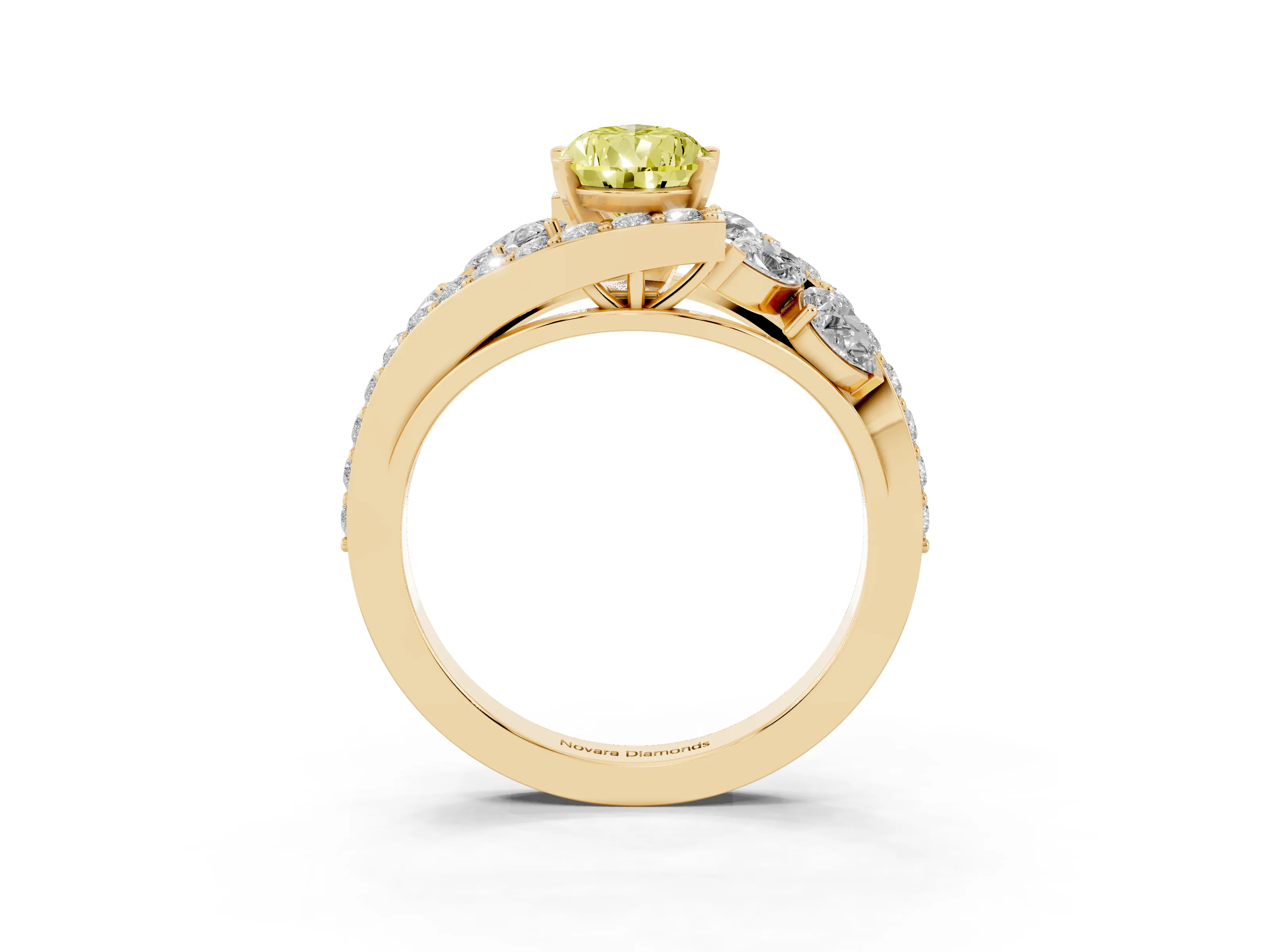 Fancy Yellow Pear Cut Diamond Halo Ring Set in Yellow gold with Marquise and Pavé Band in Prong Setting