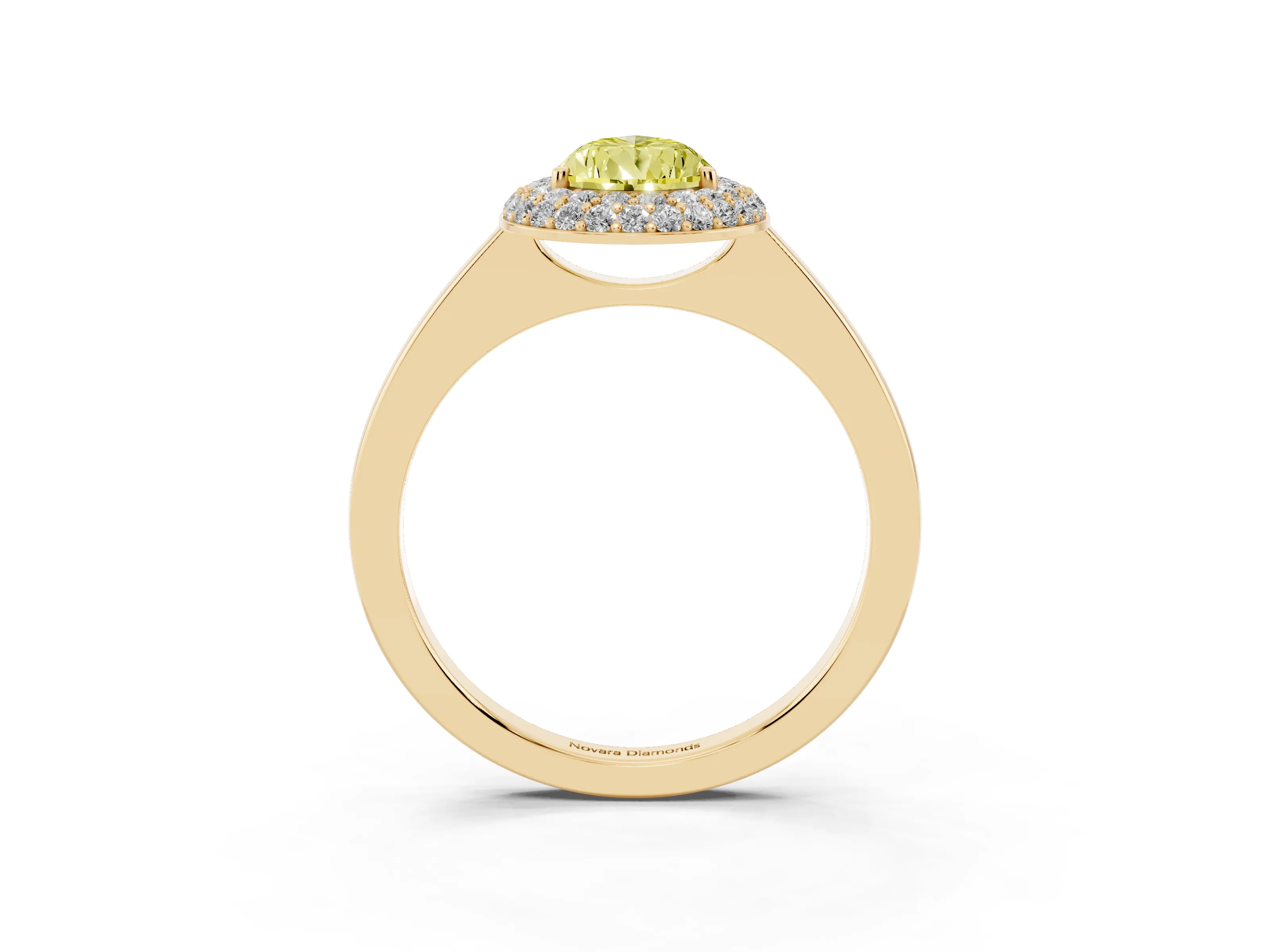 Fancy Yellow Pear Cut Diamond Halo Engagement Ring Set in Yellow gold with Solitaire Band and Prong Setting