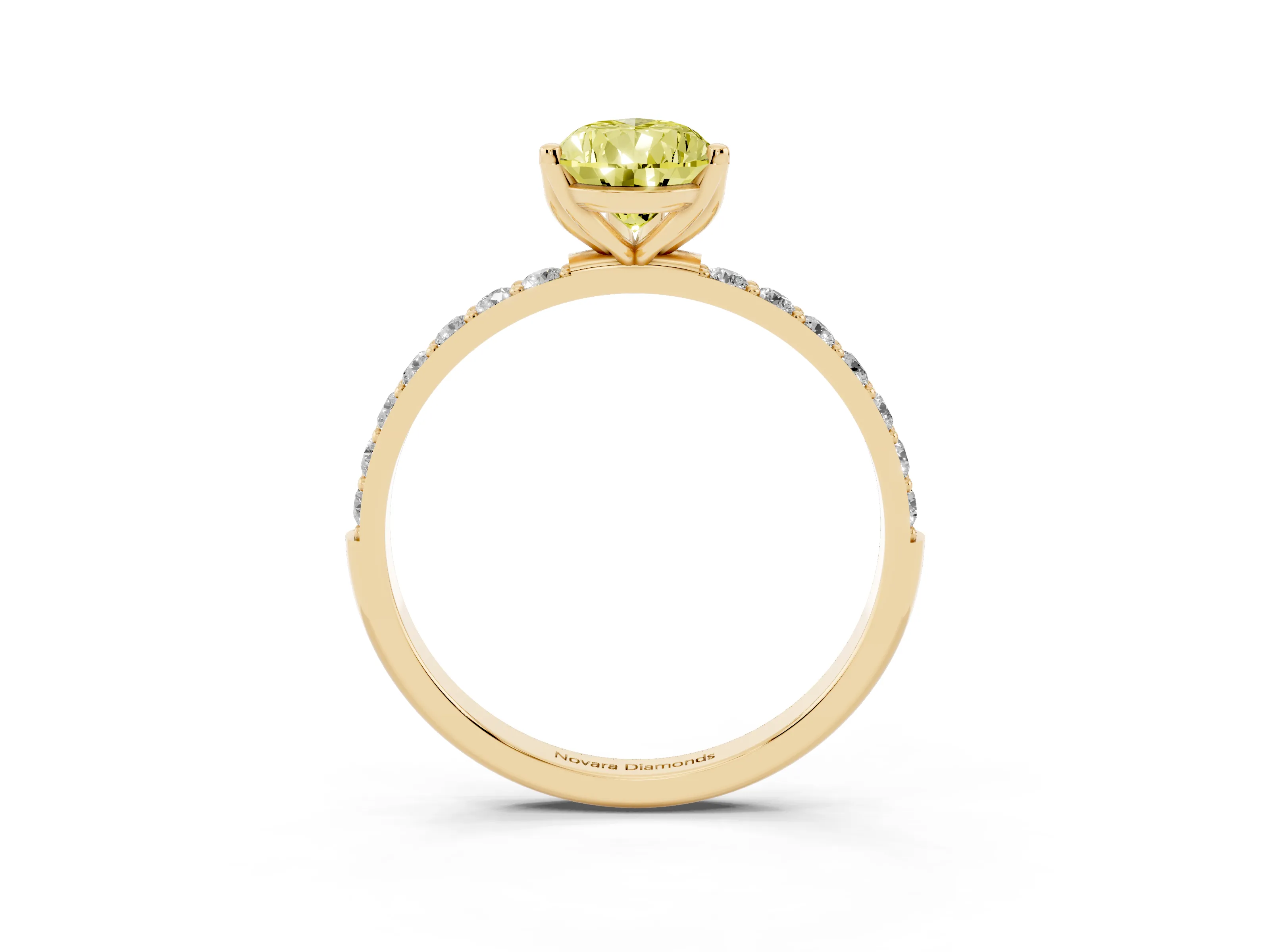 Fancy Yellow Pear Cut Diamond Solitaire Engagement Ring Set in Yellow gold with Round Pavé Band and Prong Setting