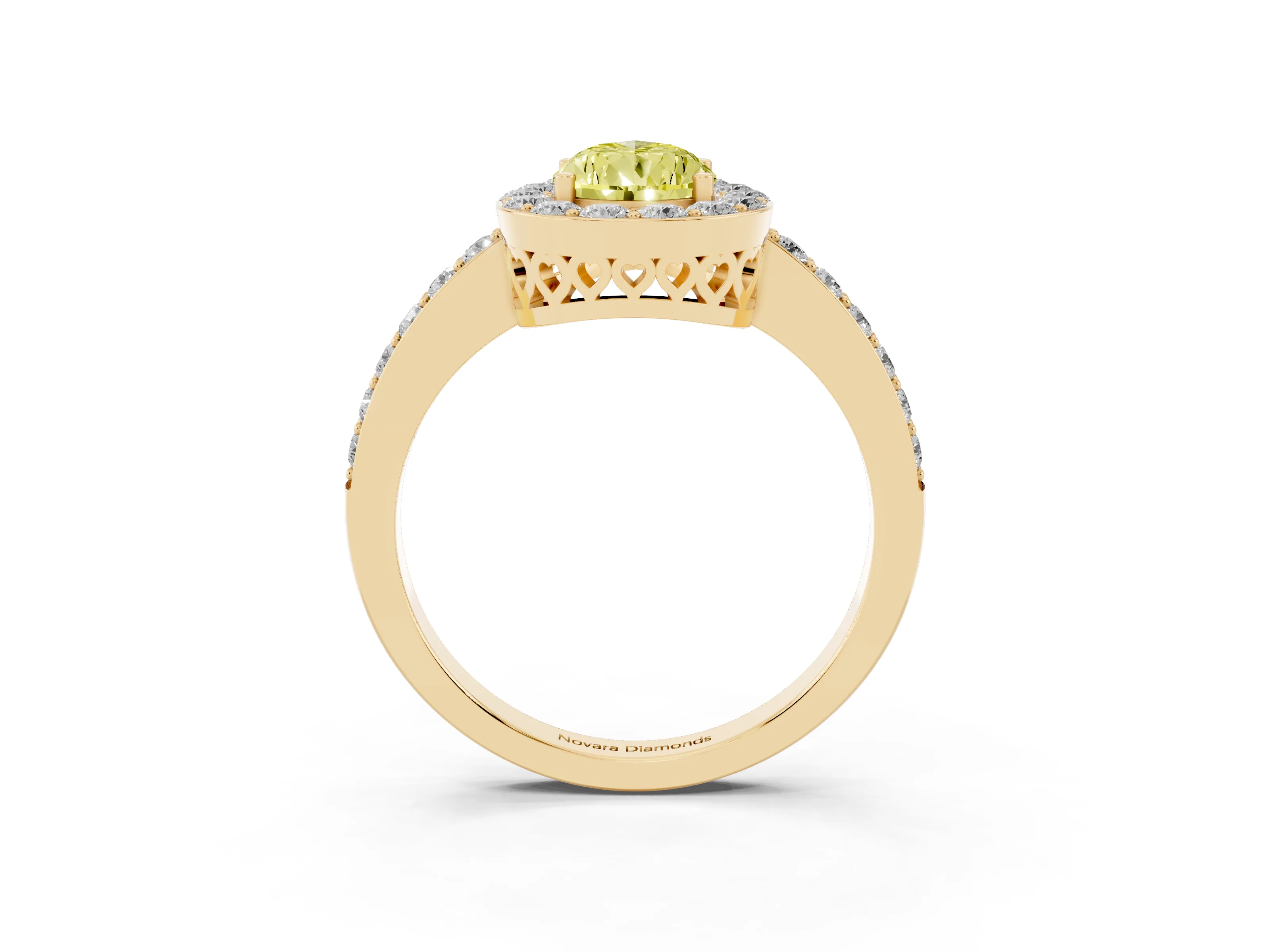 Fancy Yellow Pear Cut Diamond Halo Ring Set in Yellow gold with Pavé-Setting Band and Open Prong Center