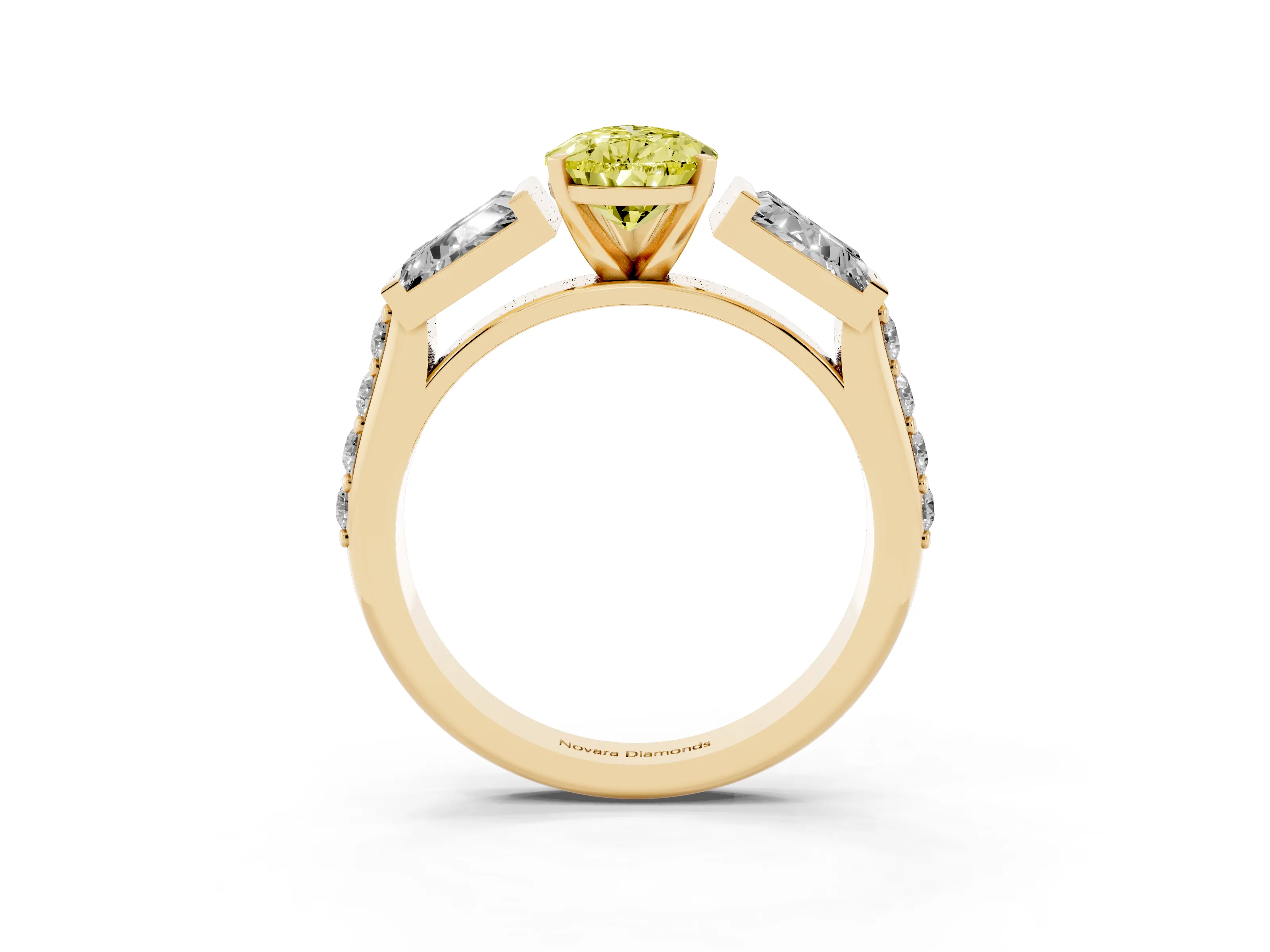 Fancy Yellow Pear Cut Diamond Engagement Ring Set in Yellow gold with Baguette Side Stones and Channel Set Band