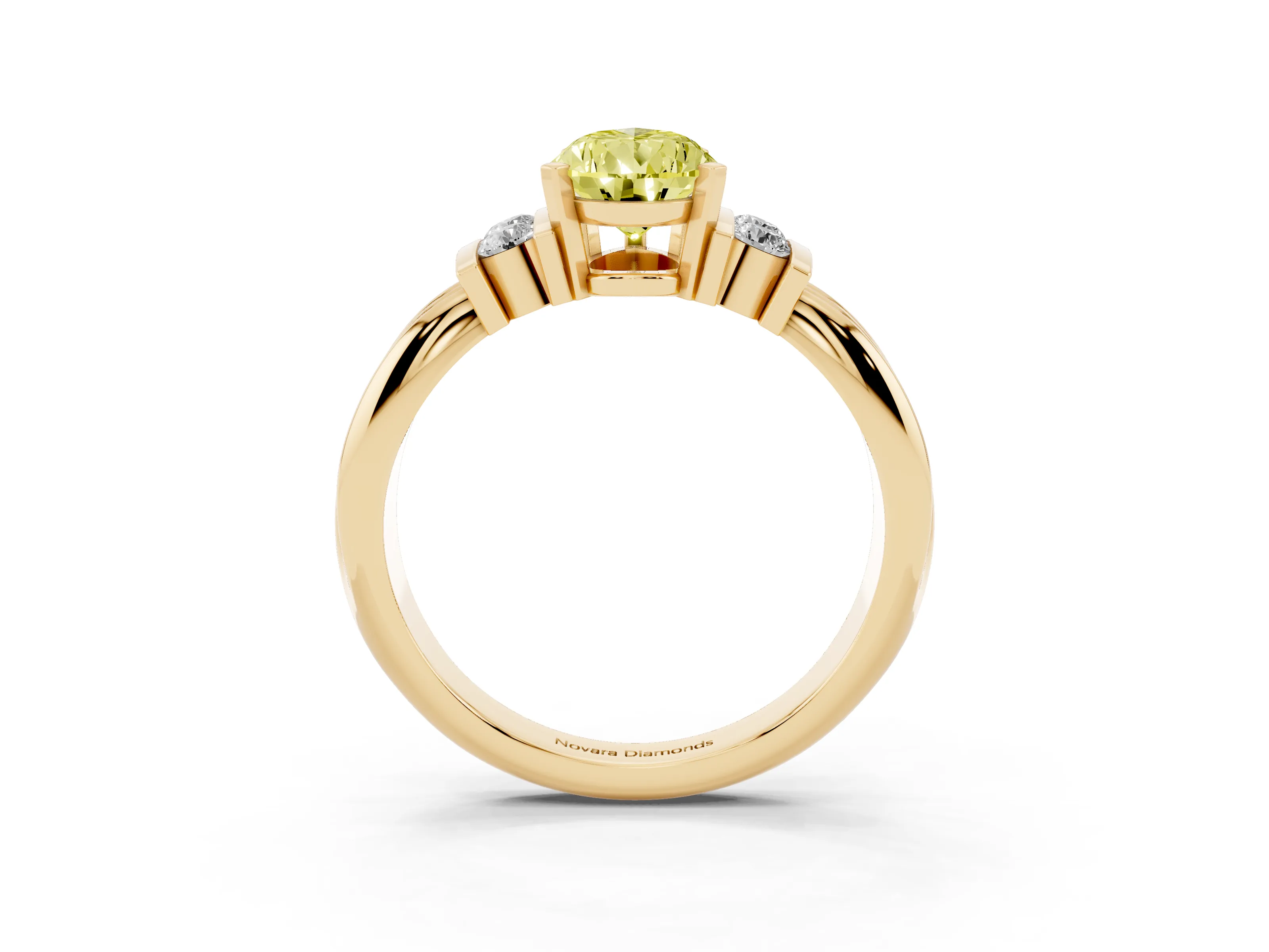 Fancy Yellow Three-Stone Pear Cut Diamond Channel Set Ring Set in Yellow gold with Bar Prongs