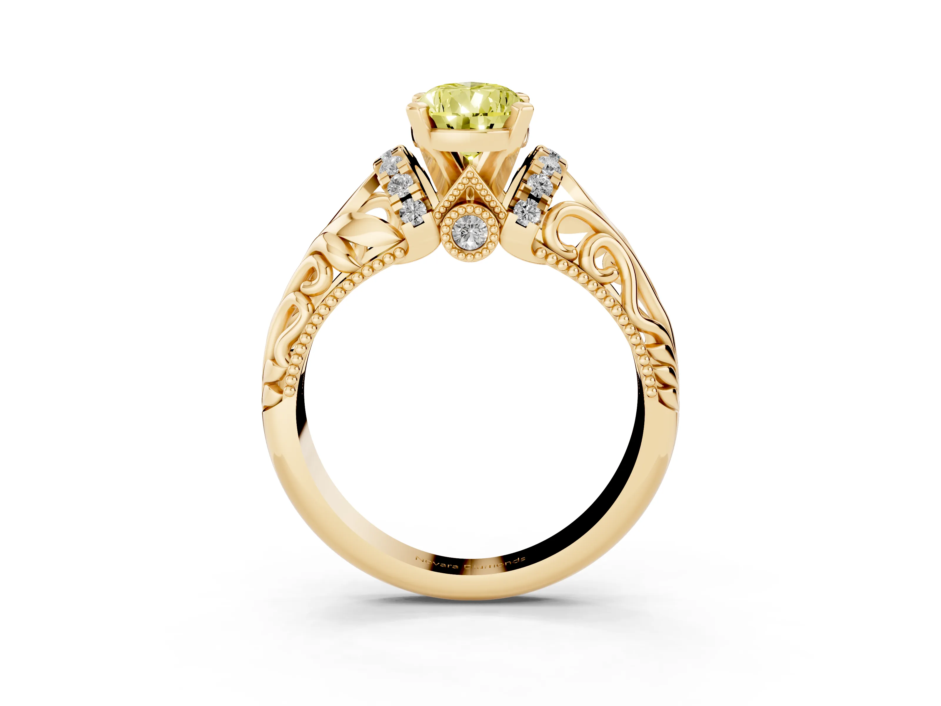 Fancy Yellow Pear Cut Diamond Filigree Halo Engagement Ring Set in Yellow gold with Prong Setting