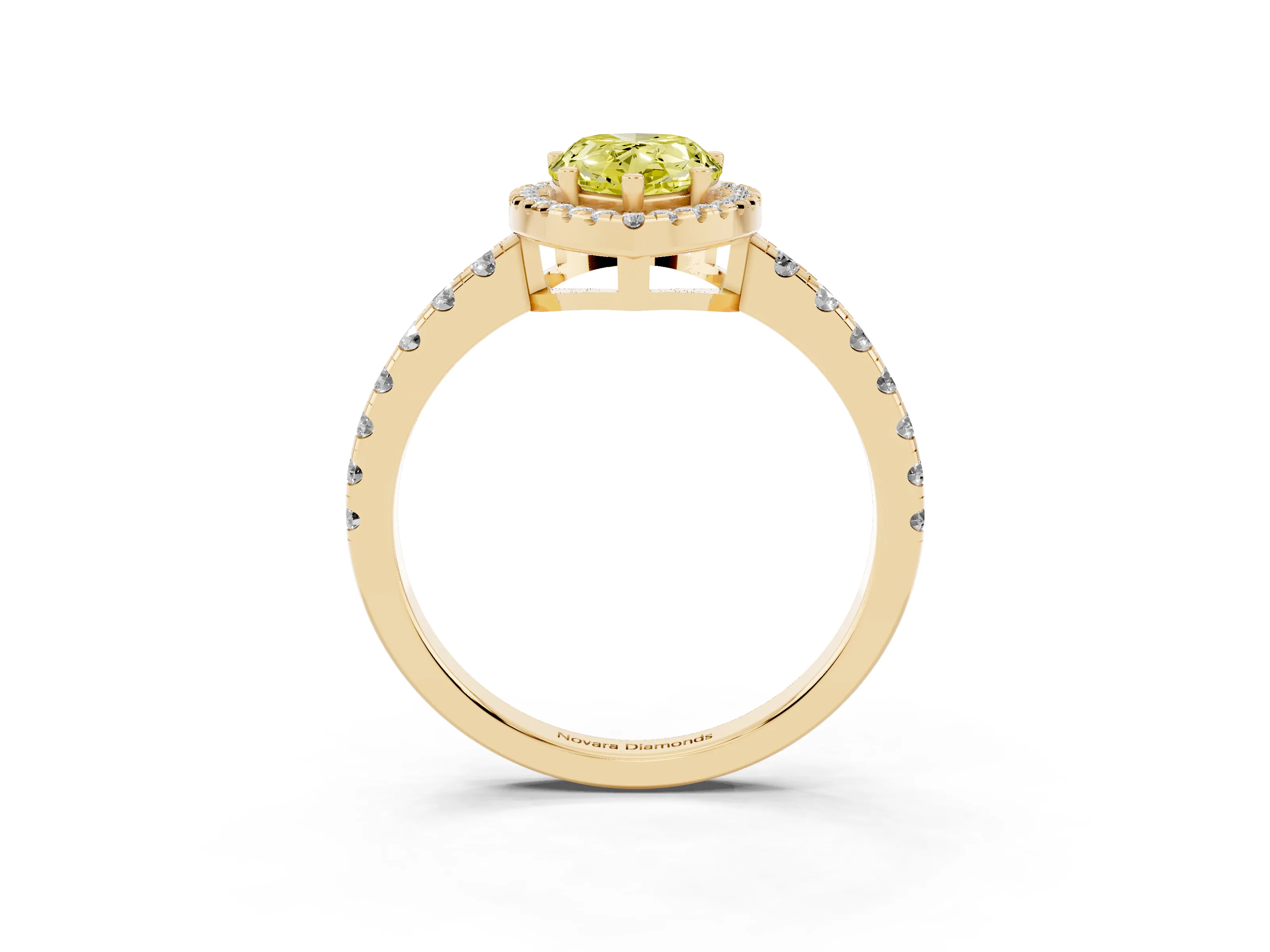 Fancy Yellow Pear Cut Diamond Halo Ring Set in Yellow gold with Delicate Pavé Band and Prong Setting