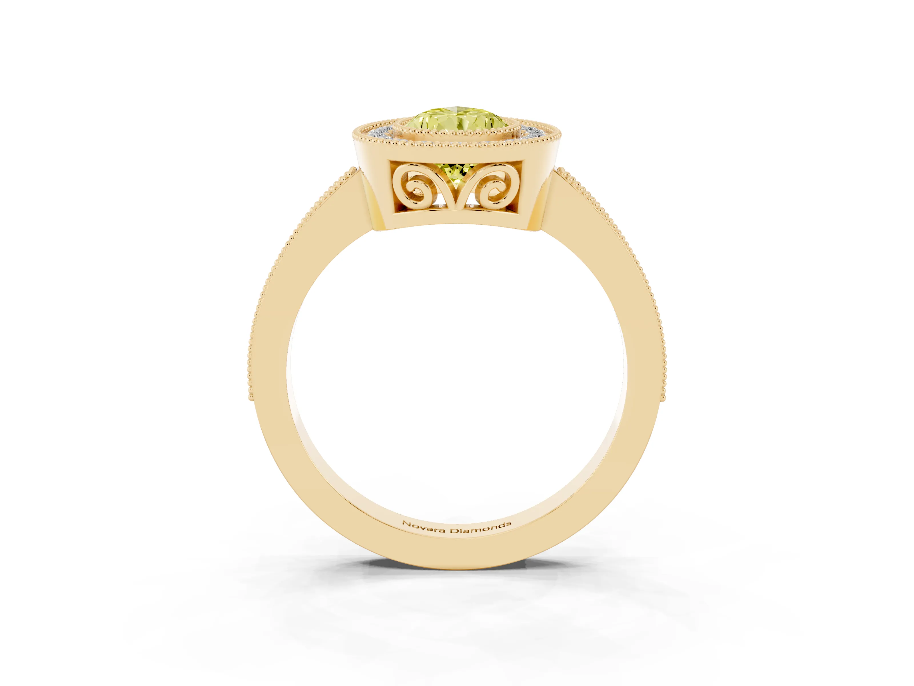 Fancy Yellow Pear Cut Diamond Halo Ring Set in Yellow gold with Pavé Band and Milgrain-Edged Prongs