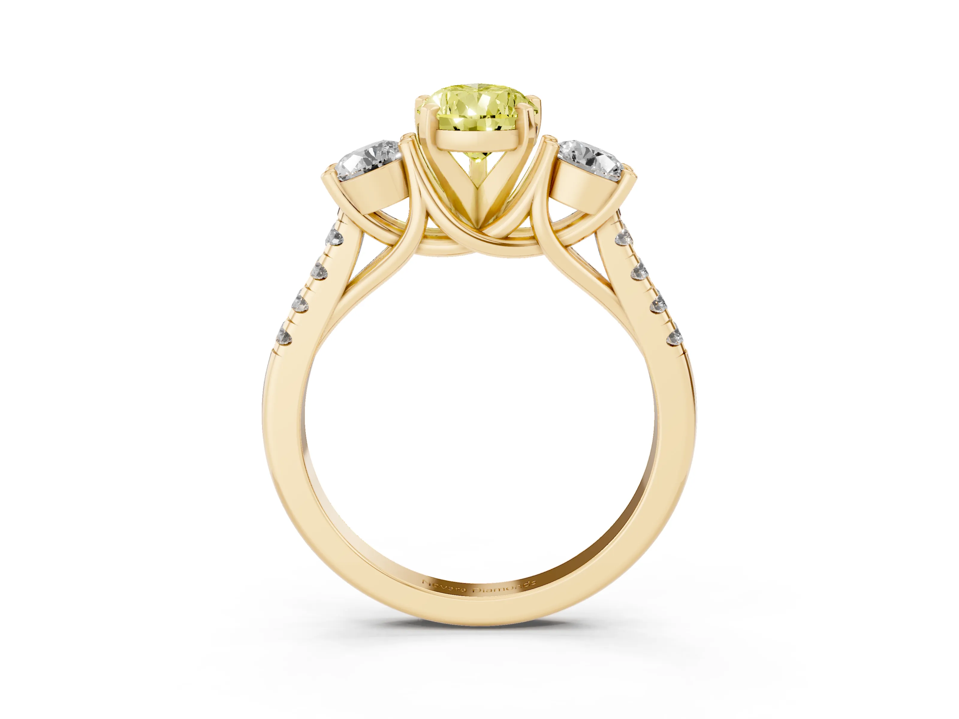 Fancy Yellow Three-Stone Pear Cut Diamond Pavé Band Ring Set in Yellow gold with Prong-Set Trio
